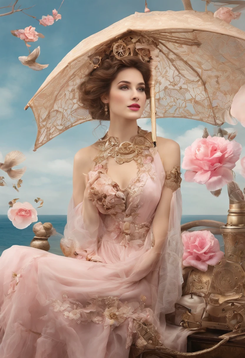 Beautiful and charming woman in fashion trend, full body: 1.6, holding flowers, random hairstyle, sitting under a parasol, by the sea, tight slip dress random color, wind blowing hair, blue sky and white clouds, delicate sexy collarbone, covering chest, charming goose egg face, double eyelids, smart peach blossom eyes, pink lips, small upturned nose, bare shoulders, focused face, face close-up, ultra-high definition, super detail, ultra-thin translucency, fresh and good, see-through, pink
