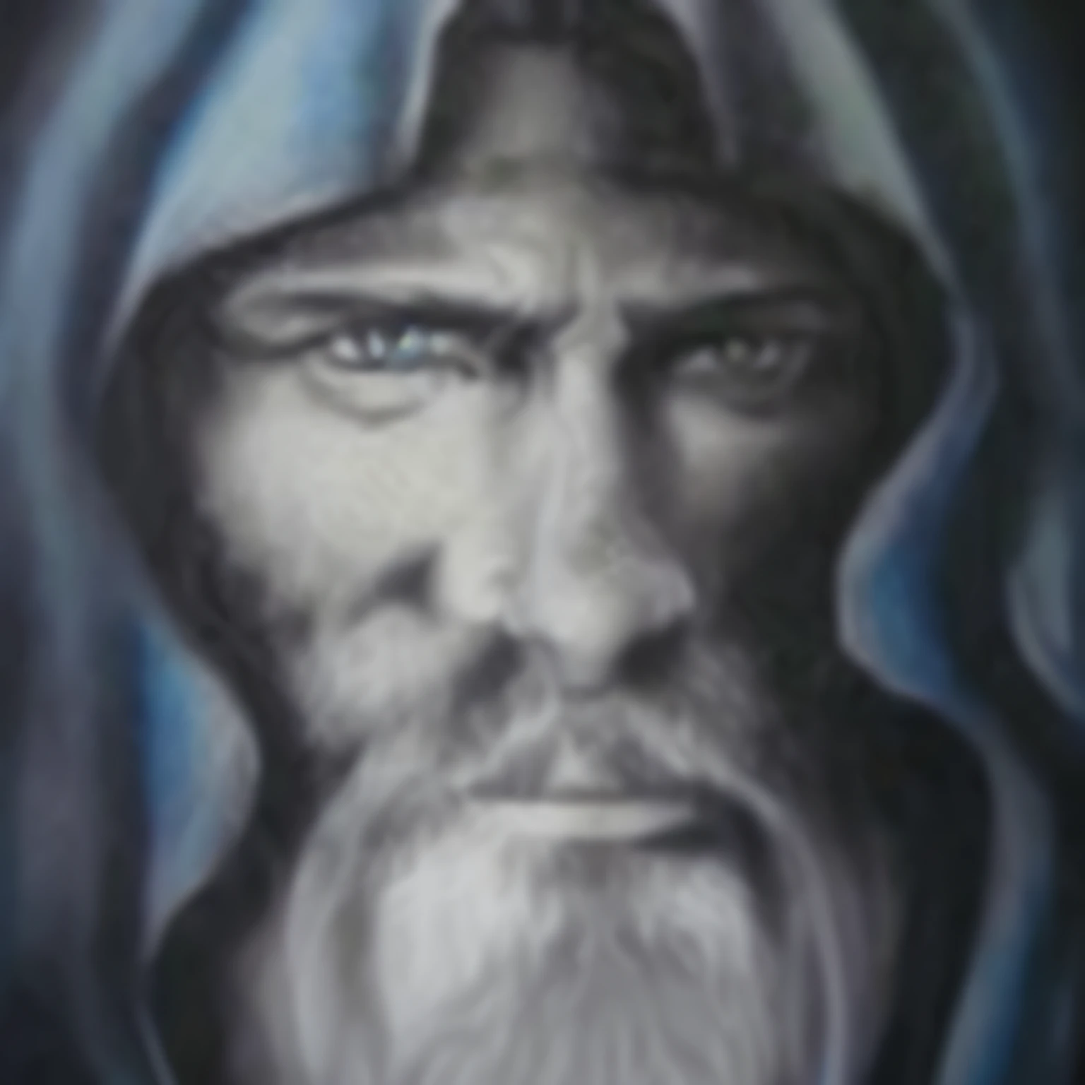 uma pintura de um homem com barba e capuz, Retrato pintado de Odin acidentado, Odin, airbrush on canvas, monochromatic airbrush painting, arte aerada, arte aerada suave, Retrato Saruman, Retrato Zeus, pintura aerada;, Norse God, imagem do avatar, airbrush art, Hziulquoigmnzhah, O Allfather