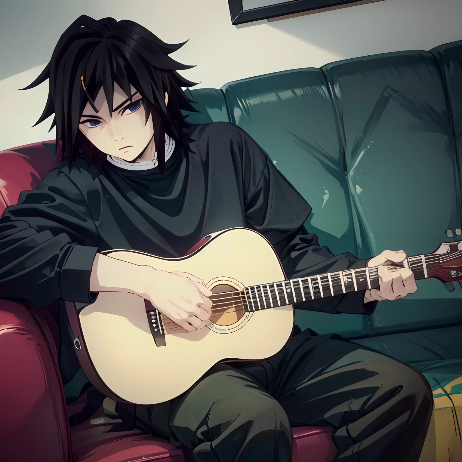 Man1, Plays the guitar, front view, Straight angle width, T-shirt with long sleeves, pants, sitting on a sofa, At home, looking at the viewer., detailed face, detailled eyes, high-definition