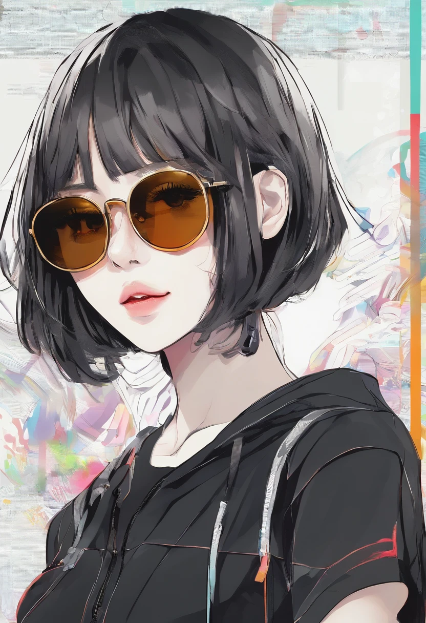 1girl , beautiful face, round black sunglasses, cabelo curto preto, legal, Terno Preto, tite cubo style, himeno