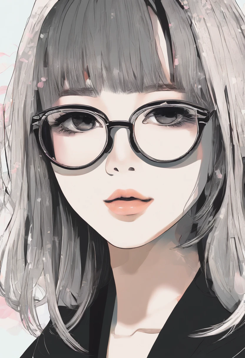 1girl , beautiful face, round black sunglasses, cabelo curto preto, legal, Terno Preto, tite cubo style, himeno