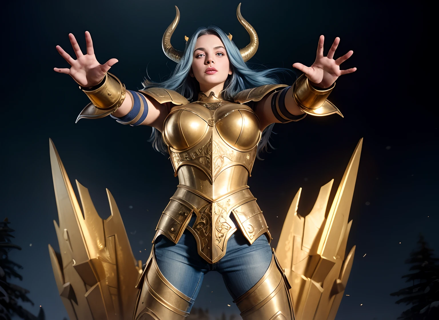 realistic), (cinematic shot), slightly low view. upper body of an beautiful young girl knight, 1girl, woman, in medieval armor, (detailed face), with long hair, crossed arms, (blue hair), (long hair), (messy hair), blowing hair, (big breasts), near a snow castle at winter, golden armor, golden horns on helmet, (full body armor), ((metal reflections)), (detailed armor, high quality), (ornate armor), (hdr), (noble), inspiring, film, cinematic lighting.