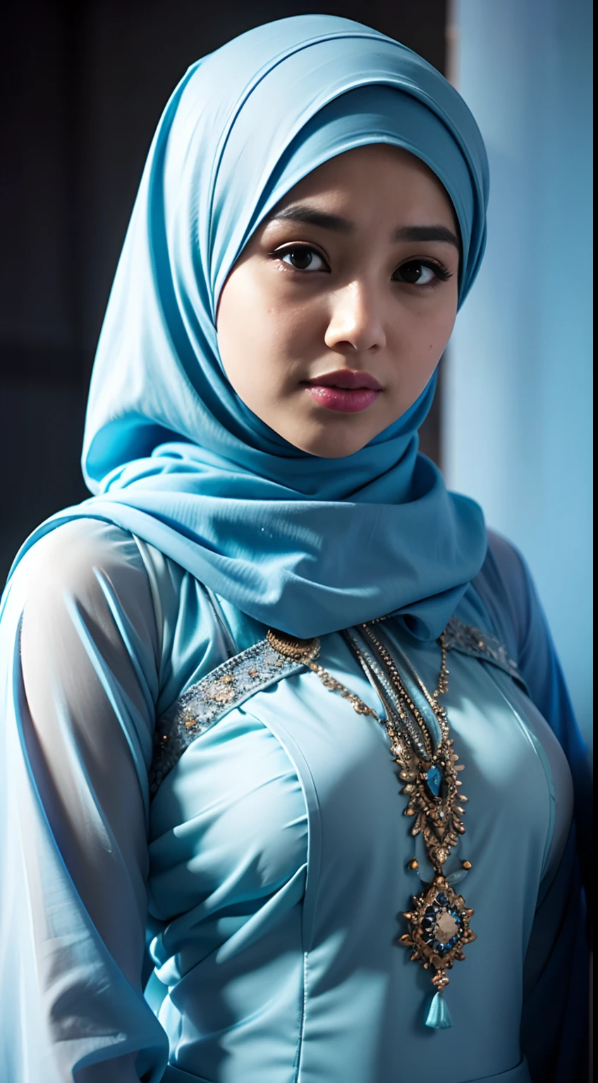 1 Malay girl, modern plain hijab, shy, medium portrait, watery eyes, blue glowing particles, wearing kebaya covering the entire chest,pastel blue, blue light bokeh background, well-proportioned body,