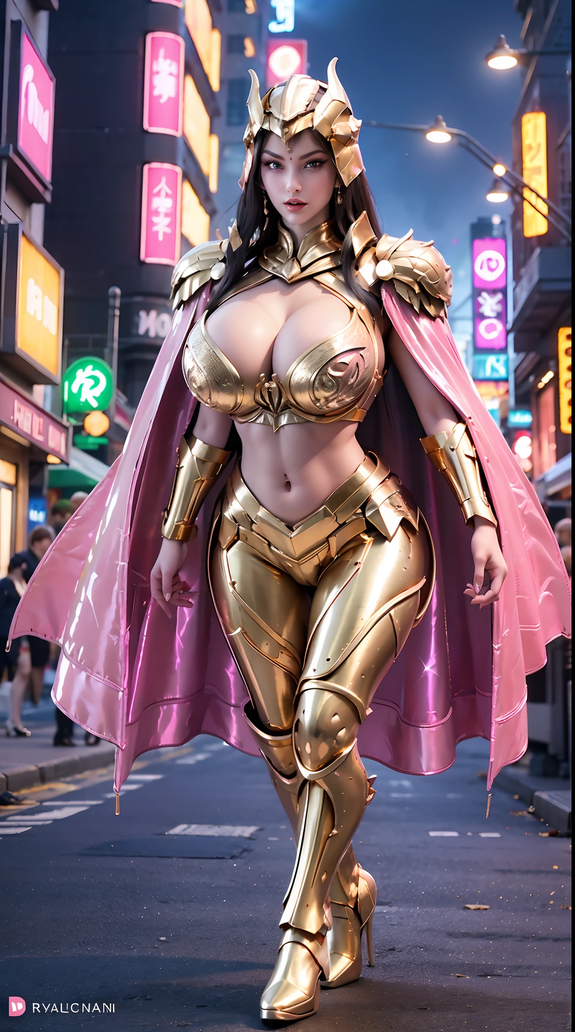 1GIRL, SOLO, (DARK HAIR, DRAGON QUEEN HELM), (HUGE FAKE BOOBS:1.3), (pink, gold, SEXY FUTURISTIC LATEX BRA, ROYAL CAPE, CLEAVAGE:1.5), (SKINTIGHT YOGA PANTS, HIGH HEELS:1.2), (SEXY BODY, SEXY LONG LEGS, FULL BODY:1.3), (FROM FRONT, LOOKING AT VIEWER), (WALKING DOWN ON STREET NIGHT CITY:1.2), ULTRA HIGHT DEFINITION, 8K, 1080P.