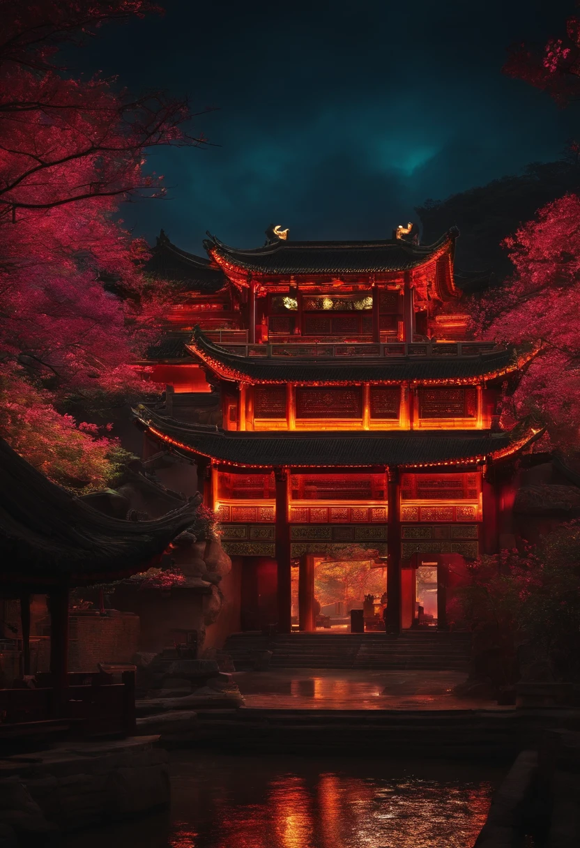 Scenery in ancient China with neon lights