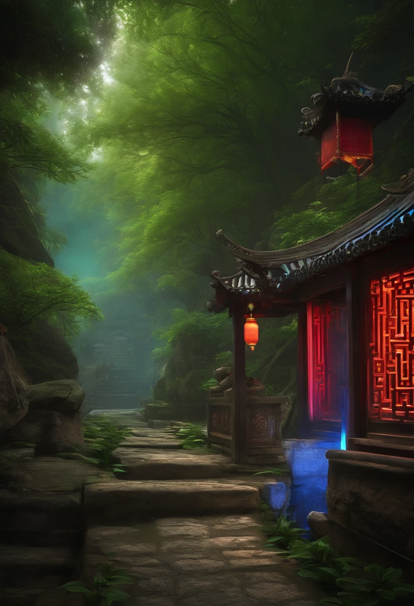 Scenery in ancient China with neon lights