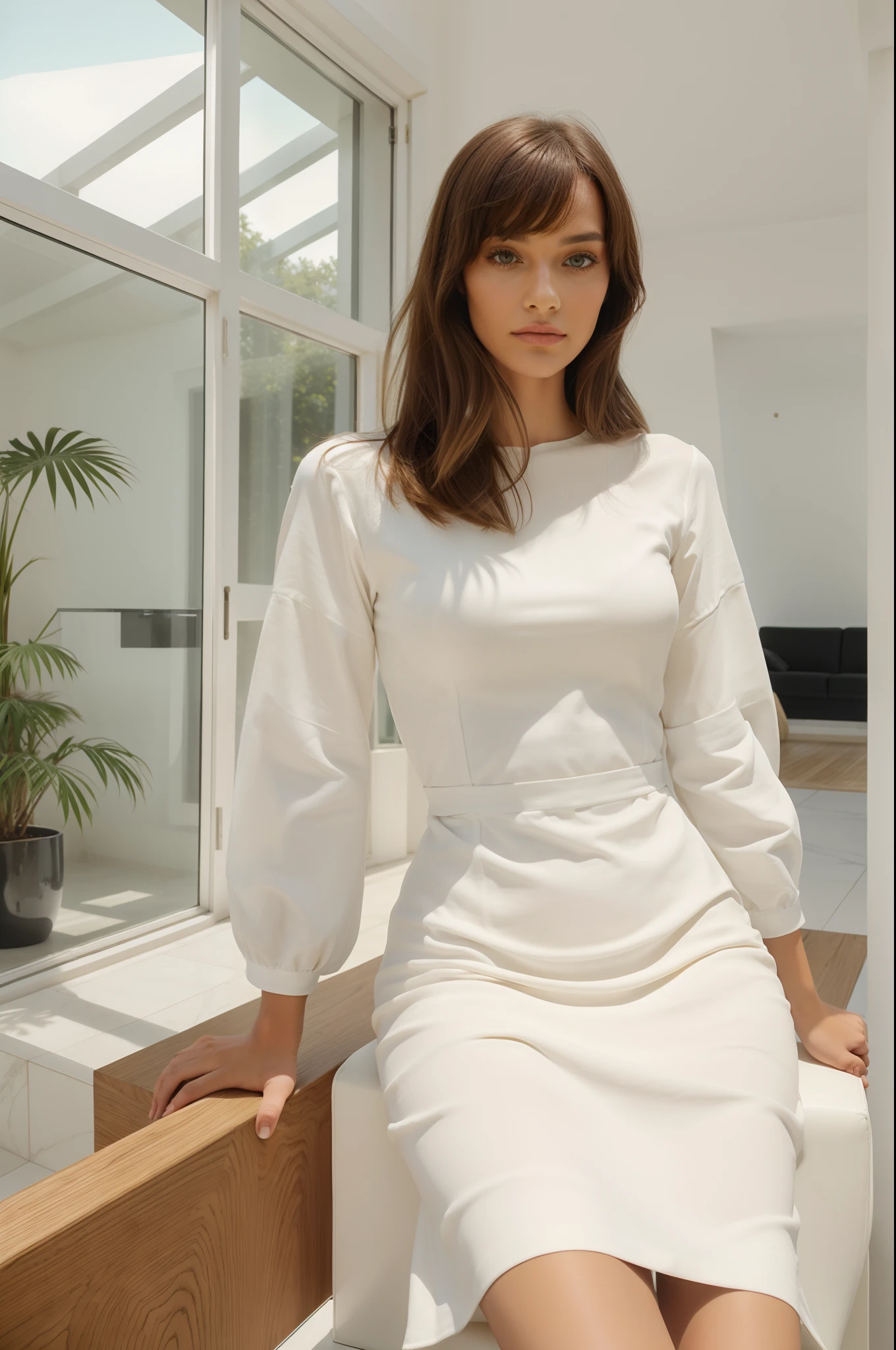 Full photograph of a beautiful woman wearing a dress by Celine and Courrèges inside a spacious and modern white designer house designed by César Manrique and Isamu Noguchi by maroc, Soft bright light, Nouvelle tendance de la collection automne 2024, grain du film, Image du film, skin details, Vellus Hair, eyes Details, cils, chair de poule, Ektar 100 Film, A LOT OF DETAILS
