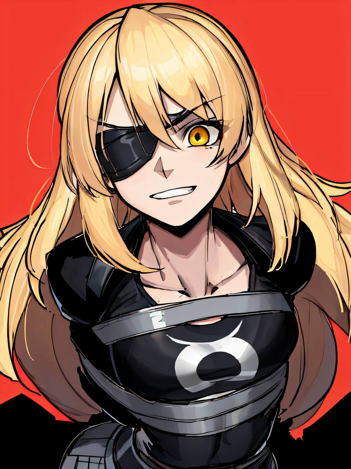 (absurdres, 8k, 4k, masterpiece, hyper extreme detailed:1.2), (masterpiece), best quality, expressive eyes, highres, perfect eyes, 1girl, perfect face, perfect hands, standing, belt, 1girl, blonde hair, eyepatch, perfect anatomy, eyepatch, long hair, platinum blonde hair, muscular, toned body, strong, empty eyes, empty eyes, blank stare, crazy face, crazy eyes, crazy smile, straps, gloves, black graphic t- shirt, small, undershirt, jacket, no background, empty background, golden eyes, deadpan, expressionless, tired, fatigue, shaded face, floating, earthquake, natural disaster, aura,