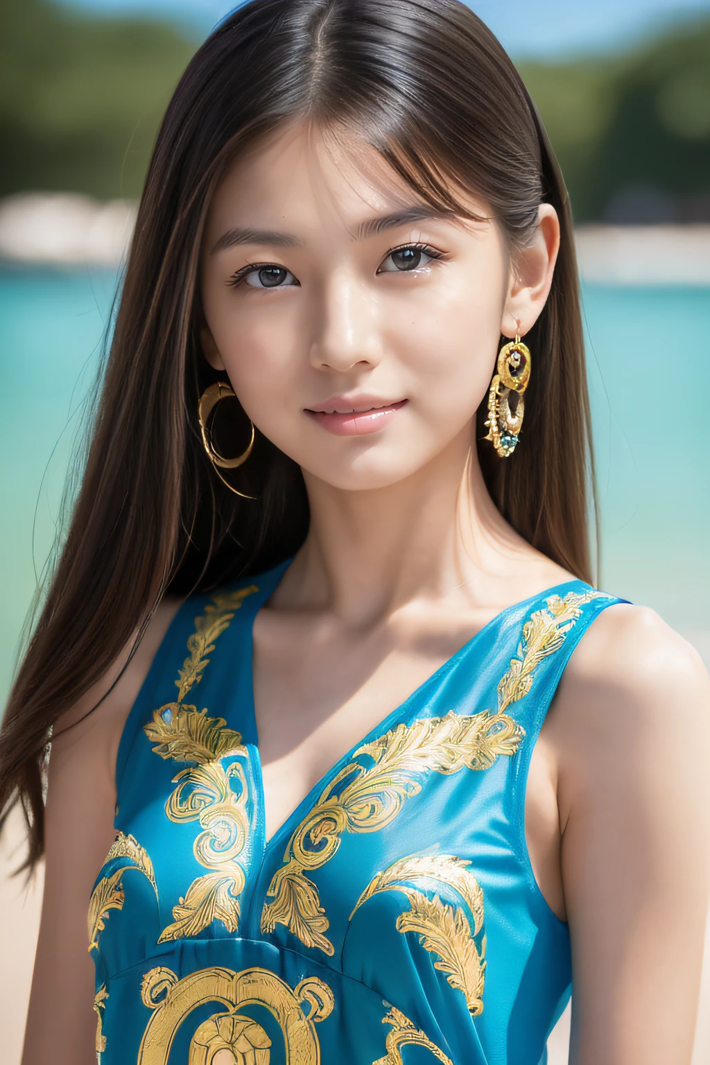 (Masterpiece:1.3), (8K), (Best Quality:1.4), (UHD), (Photorealistic),( Raw Photography), (1girl), (Ultra High Detailed), (Detailed face), very perfect beautiful and cute face, (Detailed hair), Beautiful hair, bangs, (symmetrical eyes:1.3), (Detailed eyes), (Detailed skin), Realistic skin, shiny skin, Ultra high definition, (medium breasts:0.7), (slim figure), (super model figure), gentle smile:1.2, (A very beautiful and cute so young Japanese girl with a gentle expression),
( wearing a turquoise blue Cutwork dress:1.5, Greco-Roman pattern:1.3, Inspired by Versace:1.3 ),
cute young Japanese girl, pretty young Japanese girl, full body, On the breakwater in Okinawa