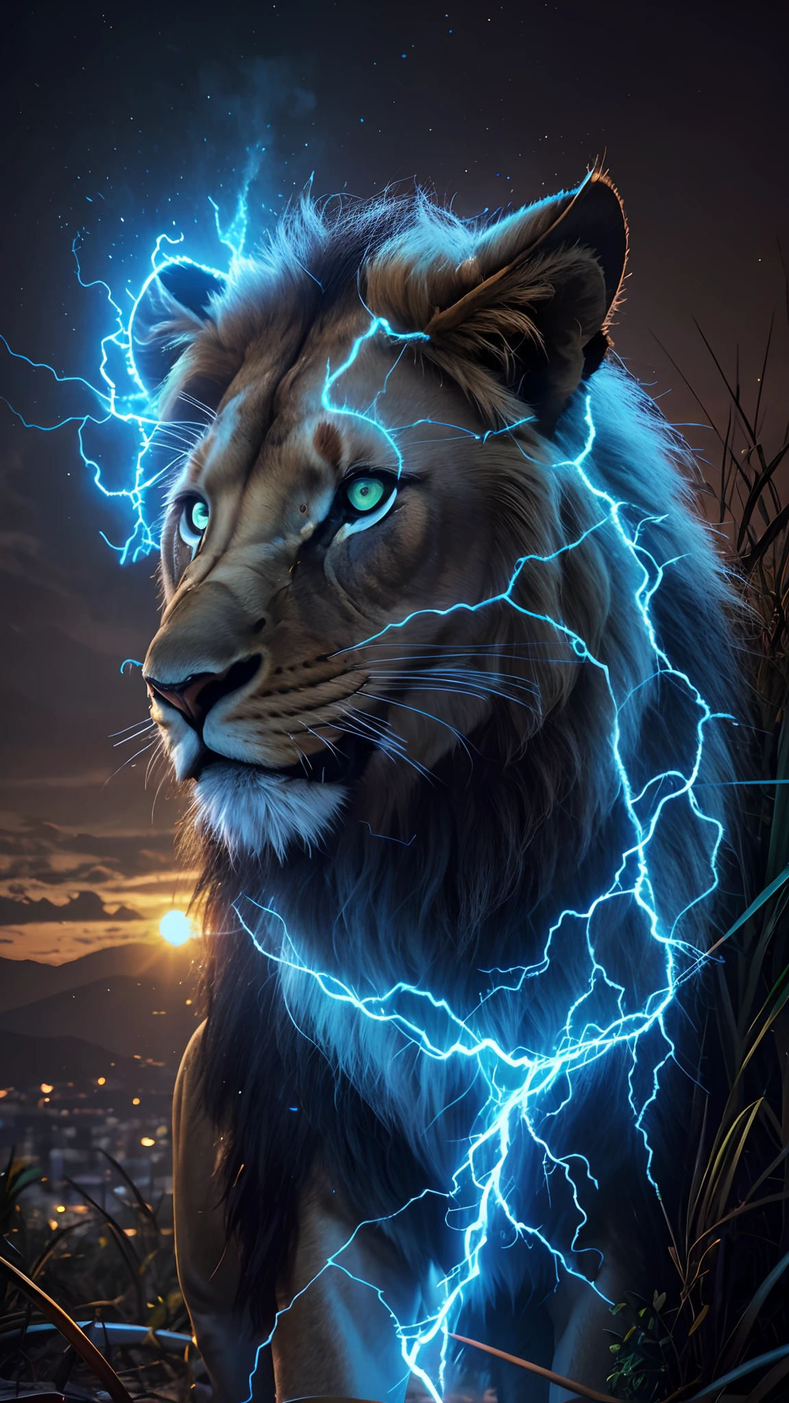 Lion, naturais, Natureza, Natureza, Linda, renderizado, fotorrealista, UltraHD, 4k, texturasdetalhadas, thunders, sombras detalhadas, cores detalhadas, por do sol, sol se pondo, Sunset, Natureza Linda, fundo preto, por do sol, contraste detalhado, contraste realista, alta resolução, cores detalhadas, fogo, eletricidade, divina criatura, 8k,