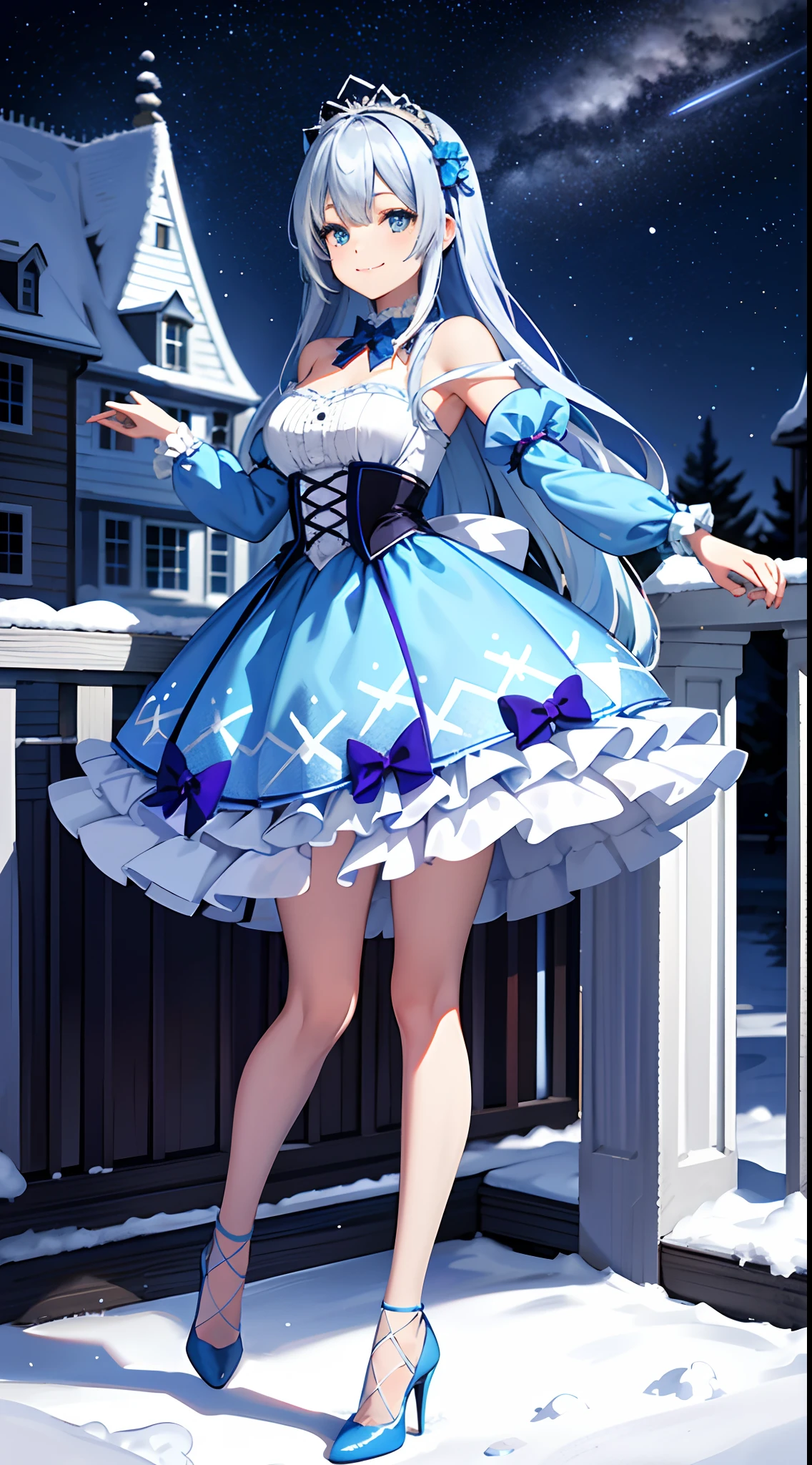 A girl,adorable smiling、long, flowing blue hair,Blue gradient hair color,Wear a gorgeous lilac Lolita dress,high-heels、snowscape、Behind it is a silvery-white castle covered in snow,night starly sky,meteor shower,Galactic,Delicate facial features,Delicate costume depiction