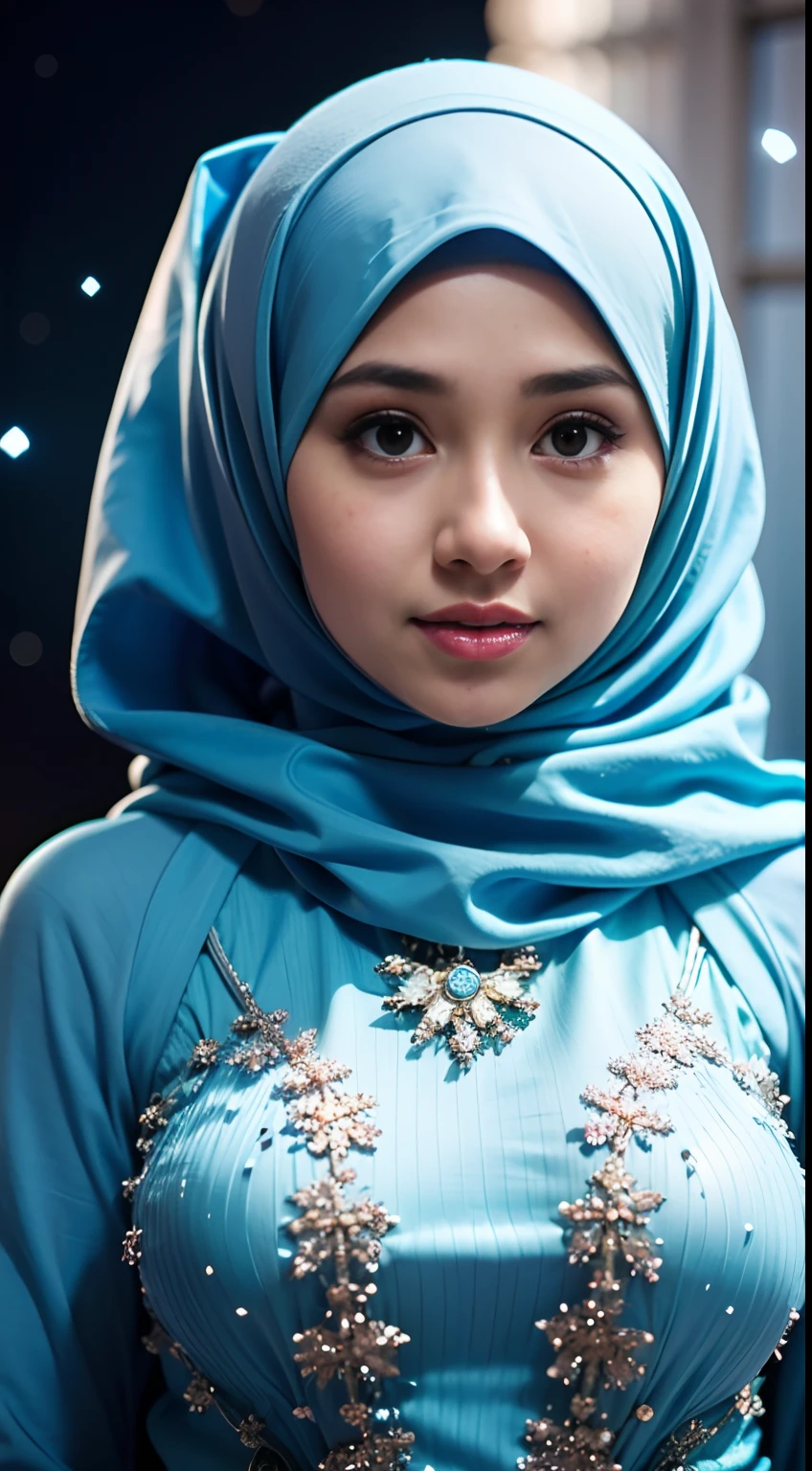1 Malay girl, modern plain hijab, shy, medium portrait, watery eyes, blue glowing particles, wearing kebaya covering the entire chest,pastel blue, blue light bokeh background, well-proportioned body,