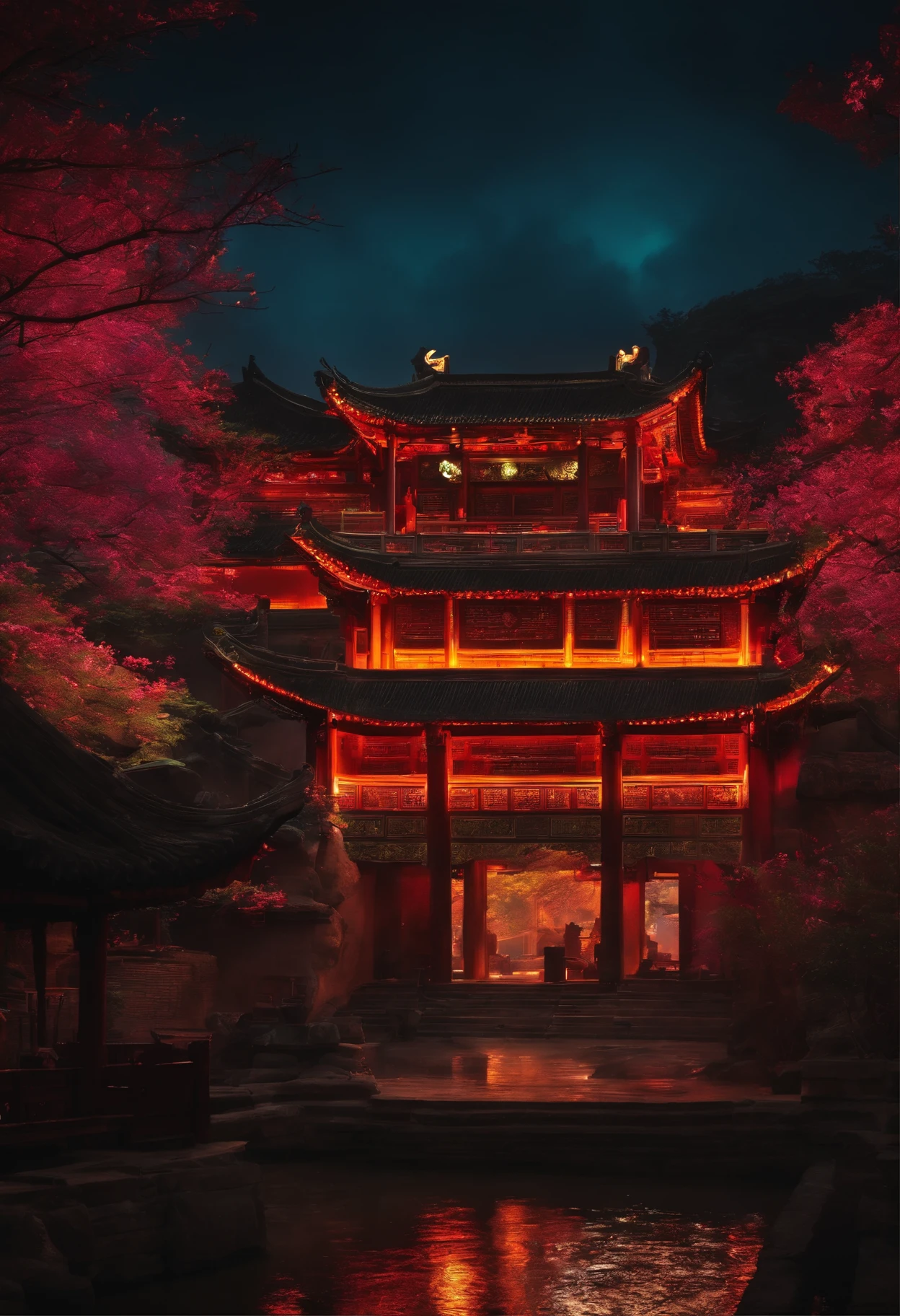 Scenery in ancient China with neon lights
