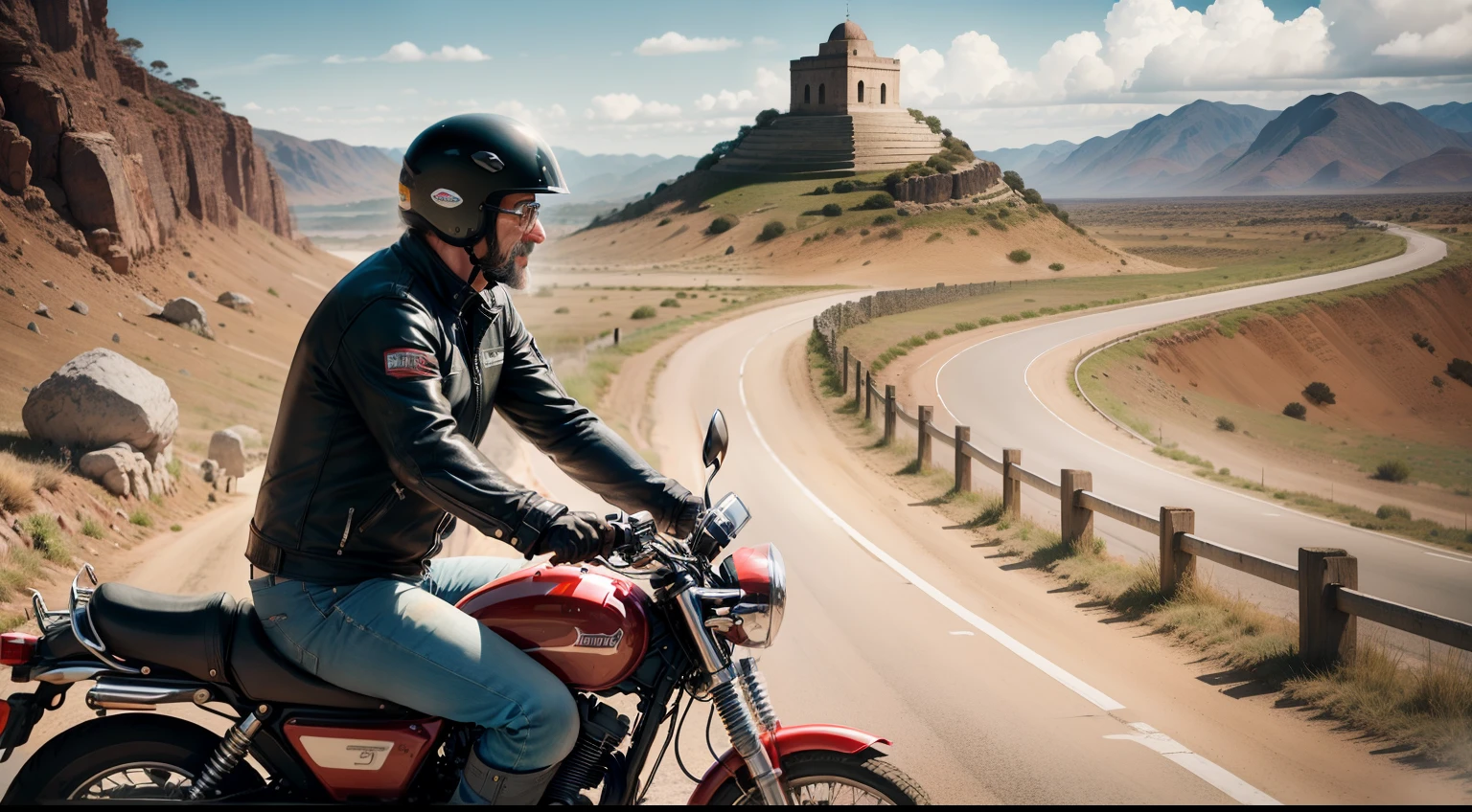 Poster of a 50-year-old man riding a motorcycle through South America, Map of America in the background, Colar de crucifixo no peito, motocicleta yamaha branca, Roadside churches and basilicas