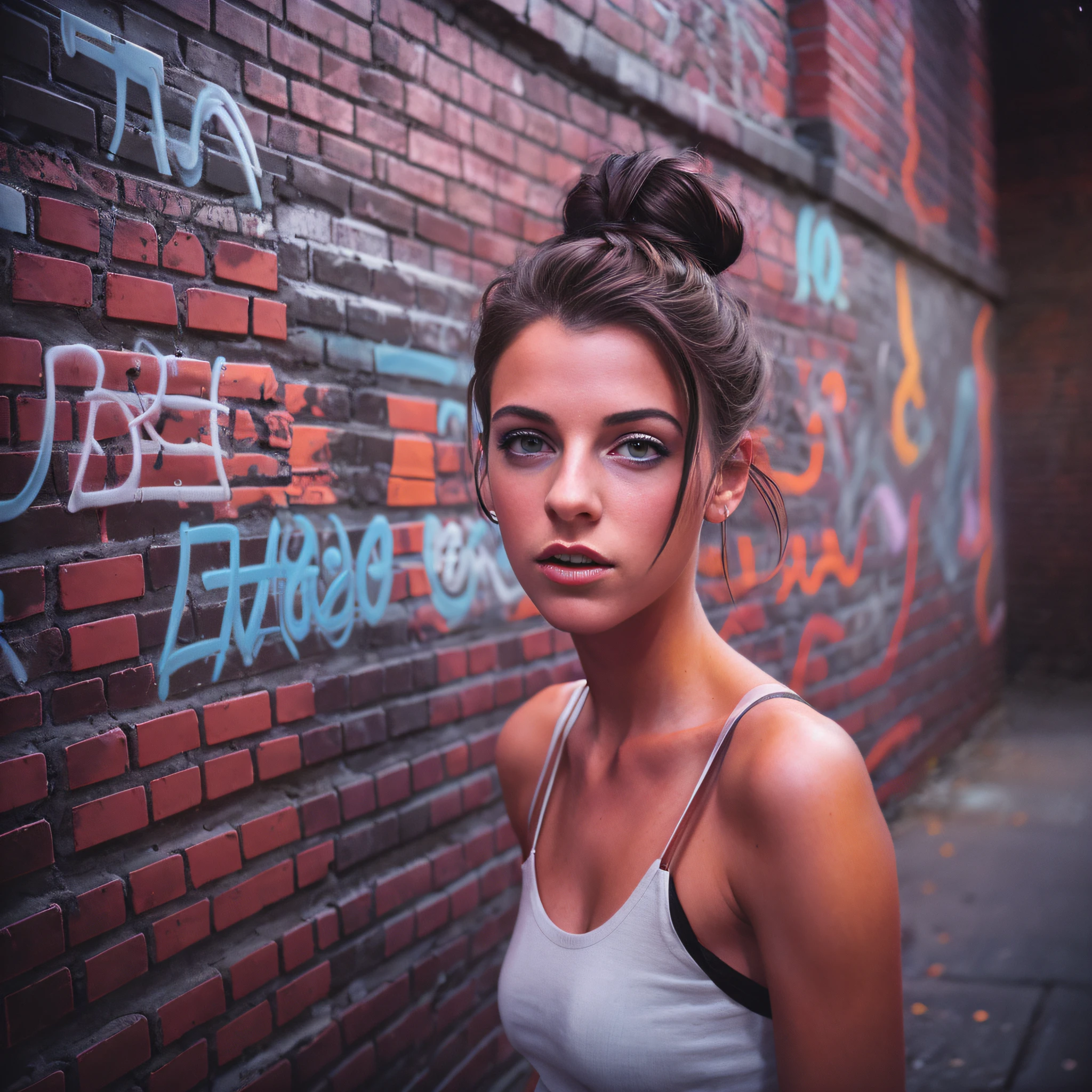 Sexually enthusiastic photo by Richard Kern of a -yeld exmely attractive girl, erotically suggestive face. Dark hair in simple bun. Brick wall with colored graffiti, vogue, fashions. Highly detailed. Detailed face. Created by Joe McNally. Best photography with world awards. Leica M6, cinematography, volumetric light.