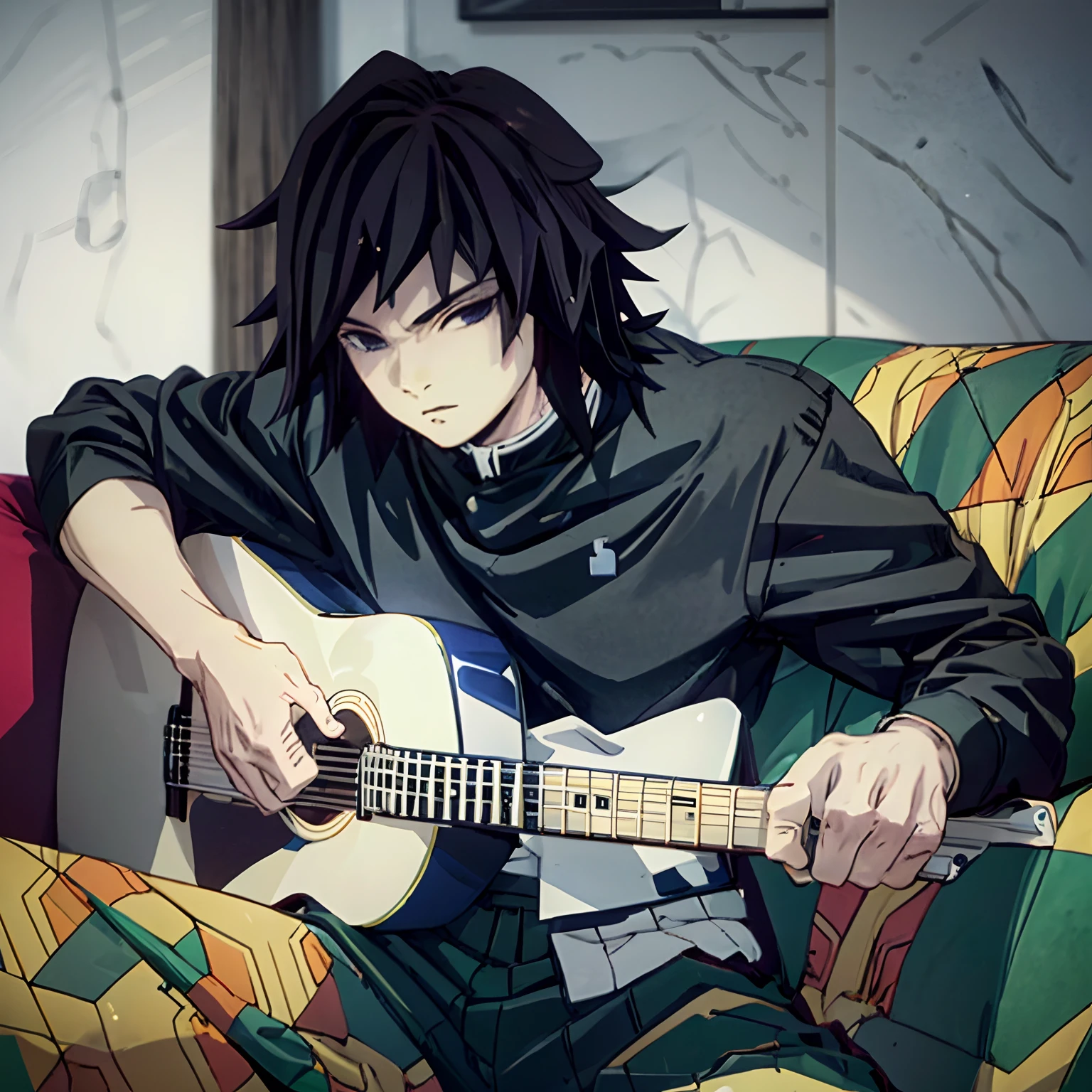 Man1, Plays the guitar, close-up view, front view, Straight angle width, T-shirt with long sleeves, pants, sitting on a sofa, At home, looking at the viewer., detailed face, detailled eyes, high-definition