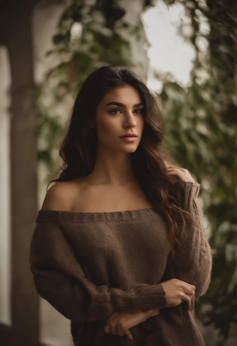 Incredibly beautiful 18 year old girl, incredibly sexy, wearing an off shoulder sweater, low hung sweater, gigantic breasts, extremely long hair, black hair, straight hair, parted in the middle, brown eyes, perfect skin, white, lip filler, detailed, realistic, high quality, masterpiece