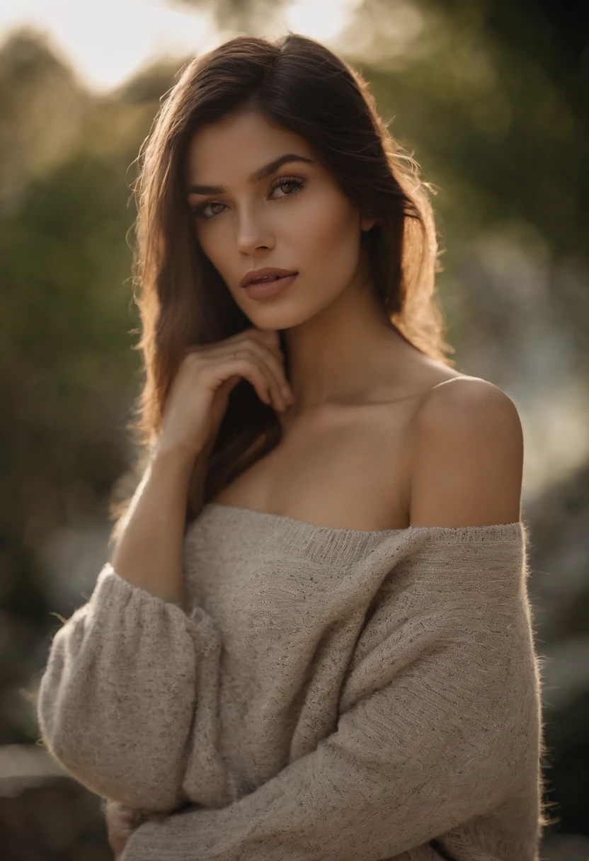 Incredibly beautiful 18 year old girl, incredibly sexy, wearing an off shoulder sweater, low hung sweater, gigantic breasts, extremely long hair, black hair, straight hair, parted in the middle, brown eyes, perfect skin, white, lip filler, detailed, realistic, high quality, masterpiece