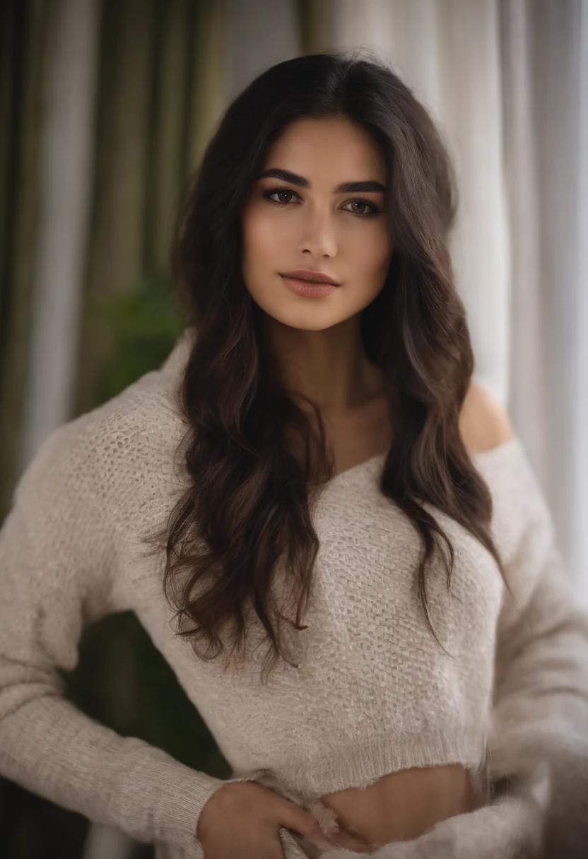 Incredibly beautiful 18 year old girl, incredibly sexy, wearing an off shoulder sweater, low hung sweater, gigantic breasts, extremely long hair, black hair, straight hair, parted in the middle, brown eyes, perfect skin, white, lip filler, detailed, realistic, high quality, masterpiece