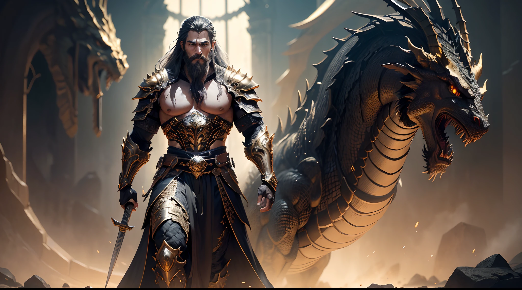 A (full body:1.3) shot at 8k resolution, best quality masterpiece, photorealistic, intense look, anatomical photorealistic digital painting portrait of a (male, muscular human warrior:1.3) in (black gold dragon scale intricate light armor:1.3) in a (mystical dark biomechanical environment:1.3), facial hair, long beard, light particle, very detailed skin, samurai holding golden katana, very detailed eyes, (elden ring style:1.3), long silver hair, (elvish kings armour style:1.1), concept artist, global illumination, depth of field, splash art