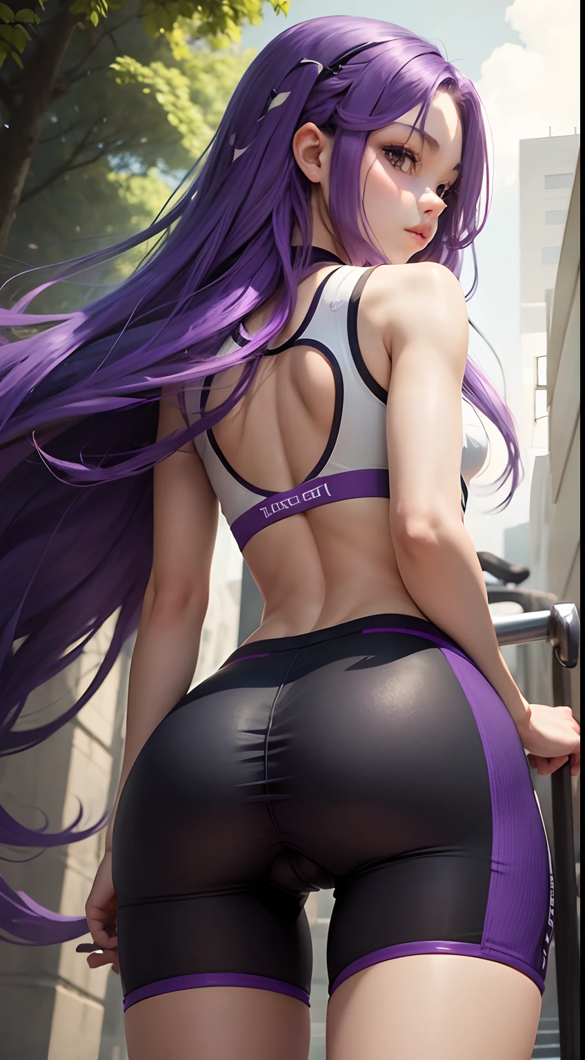 Girl with long purple hair slim, cuteface, little chest, In cycling shorts, seen from behind