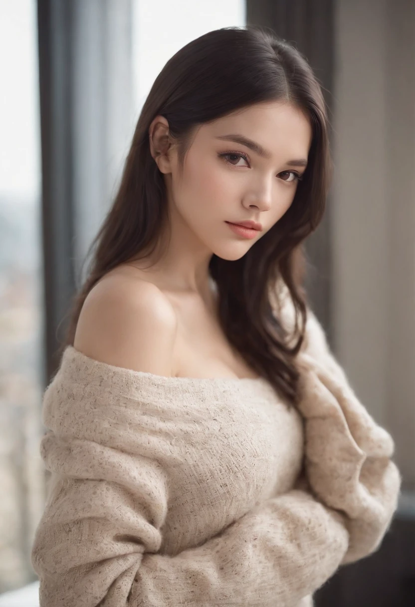 Incredibly beautiful 18 year old girl, incredibly sexy, wearing an off shoulder sweater, low hung sweater, gigantic breasts, extremely long hair, black hair, straight hair, parted in the middle, brown eyes, perfect skin, white, lip filler, detailed, realistic, high quality, masterpiece, closeup