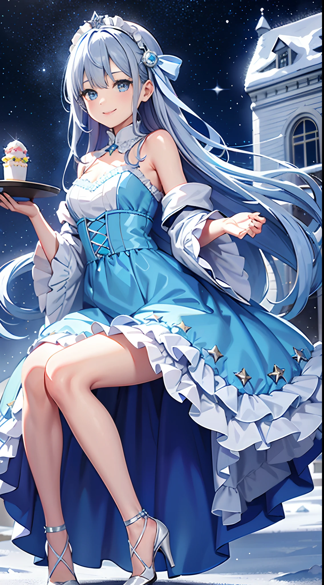 A teenage girl,adorable smiling、long, flowing blue hair,Blue gradient hair color,Wear a gorgeous lilac Lolita dress,high-heels、snowscape、Behind it is a silvery-white castle covered in snow,night starly sky,meteor shower,Galactic,Delicate facial features,Delicate costume depiction