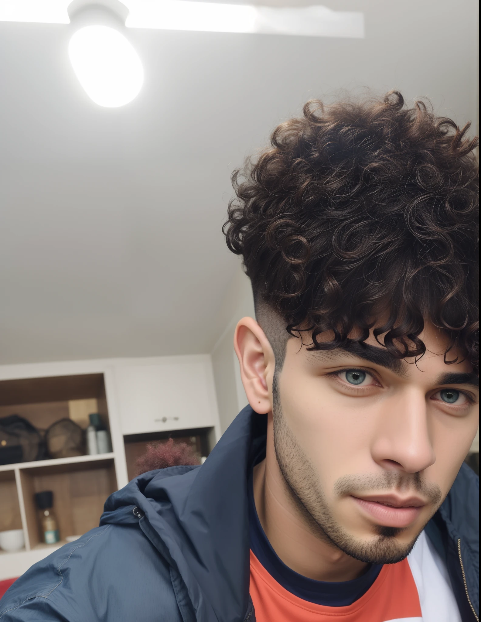 There's a young man with curly hair and a jacket, curls on top of his head, cabelos cacheados e curtos, cachos por cima, A partir de 8 K fosco, imagem frontal, messy curly hair, Retrato tirado 8 K, com longos cabelos cacheados, curly middle part haircut, afro encaracolado, mateus 9 5, Alex, em torno de 1 9 anos, encaracolado