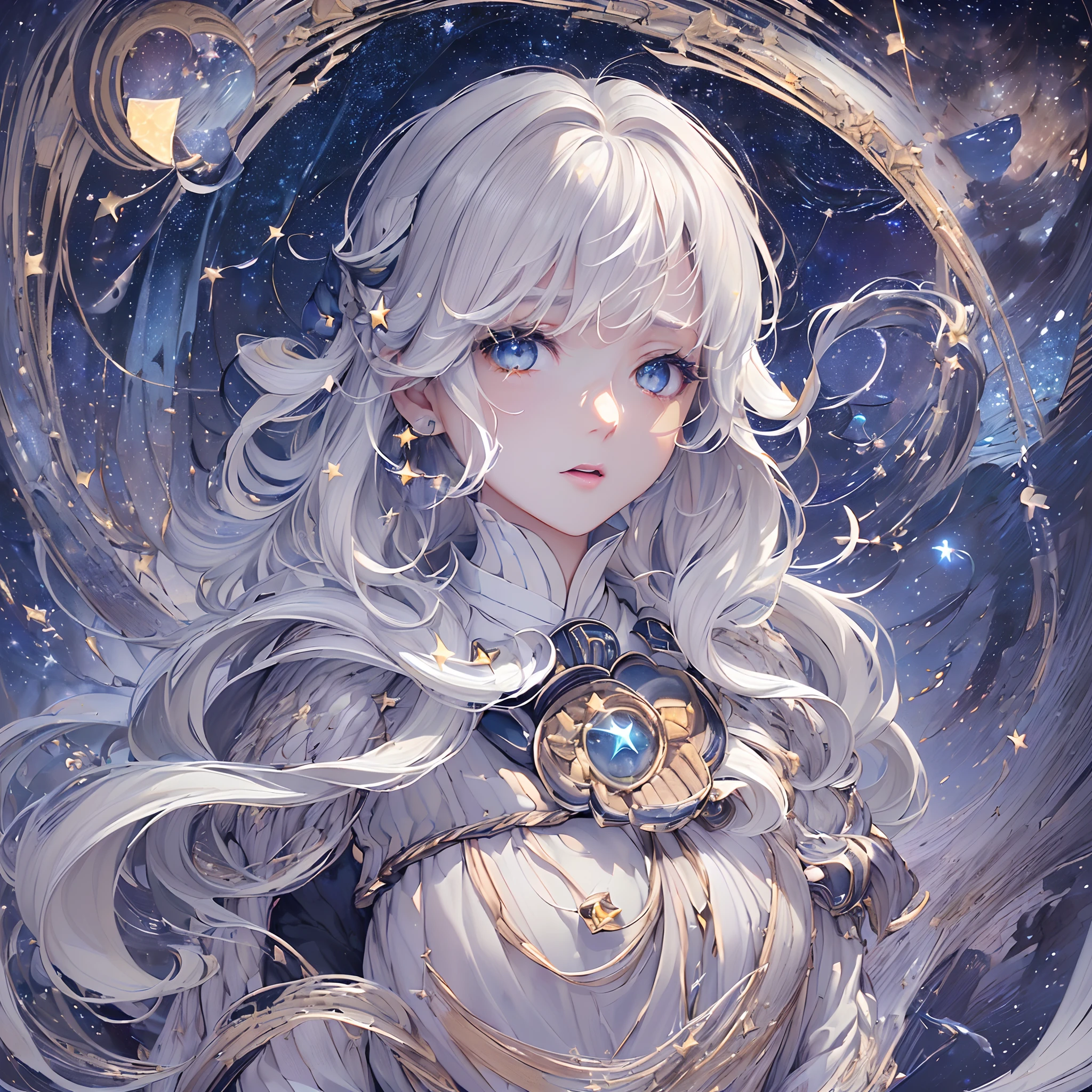 ((Finest quality)),(超A high resolution),(ultra-detailliert),(Meticulous portrayal),((Best CG)),(Finest works of art),Ultra-Precision Art,The art of astounding depiction, (night sky full of stars:1.8),shooting stars:1.3, (1人の女性:1.5),(White sigh:1.8),wavy flaxen hair,Beautiful light blue eyes