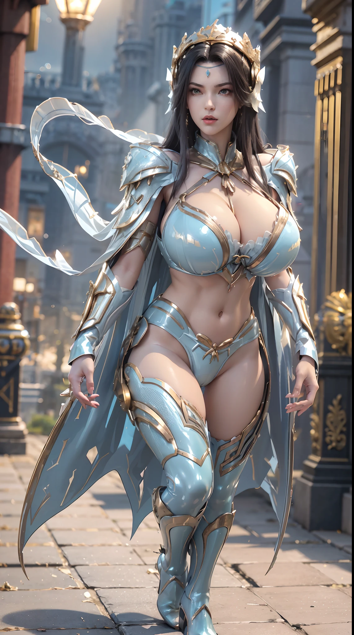 1GIRL, SOLO, (DARK HAIR, DRAGON QUEEN HELM), (HUGE FAKE BOOBS:1.3), (light blue, white, gold, SEXY FUTURISTIC LATEX BRA, ROYAL CAPE, CLEAVAGE:1.5), (SKINTIGHT YOGA PANTS, HIGH HEELS:1.2), (SEXY BODY, SEXY LONG LEGS, FULL BODY:1.3), (FROM FRONT, LOOKING AT VIEWER), (WALKING DOWN ON STREET NIGHT CITY:1.2), ULTRA HIGHT DEFINITION, 8K, 1080P.