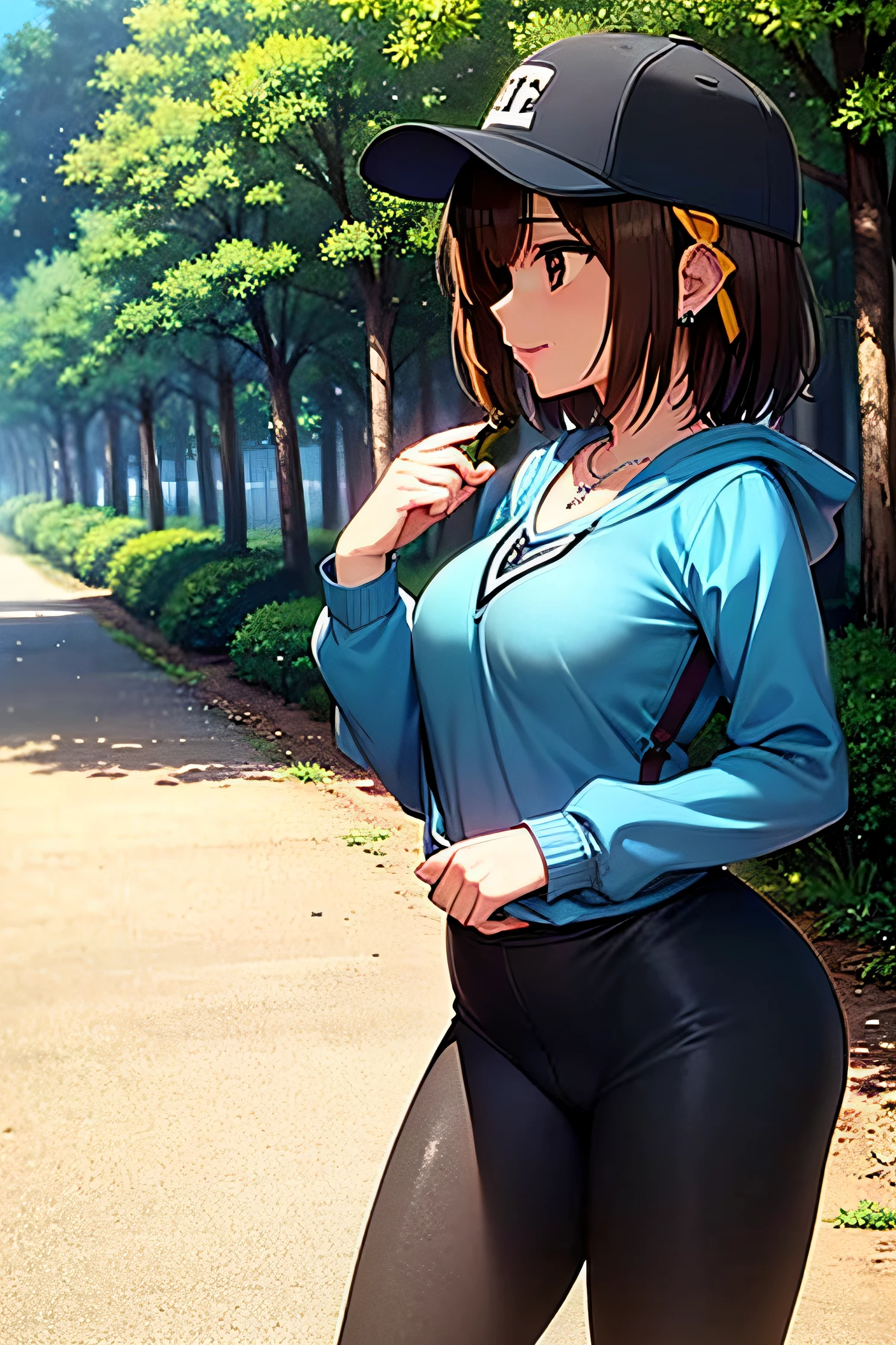 ( Clothes :Athletic leggings or bike shorts.
Oversized sweatshirt or hoodie.
White sneakers or athletic shoes.
Baseball cap.
Crossbody fanny pack.),, (((21 years old girl))), (short hair, brown hair, ), (((cowboy shot: 1.2)), , smile and confidence, ((medium breasts)),, very detailed face and skin texture, detailed eyes,,(standing),(side view), double eyelids, natural cheeks, bronw eyes, , thin waist, shiny small necklace and earrings, shiny lips: 1.4, accurate, anatomically correct,haruhi suzumiya,, (focus face and breast, and thighs ), ,Setting: Nighttime Forest
Additional Objects: Enchanted Glowing Mushrooms, Silver Fireflies, Crystal Clear Pond, Bioluminescent Flowers