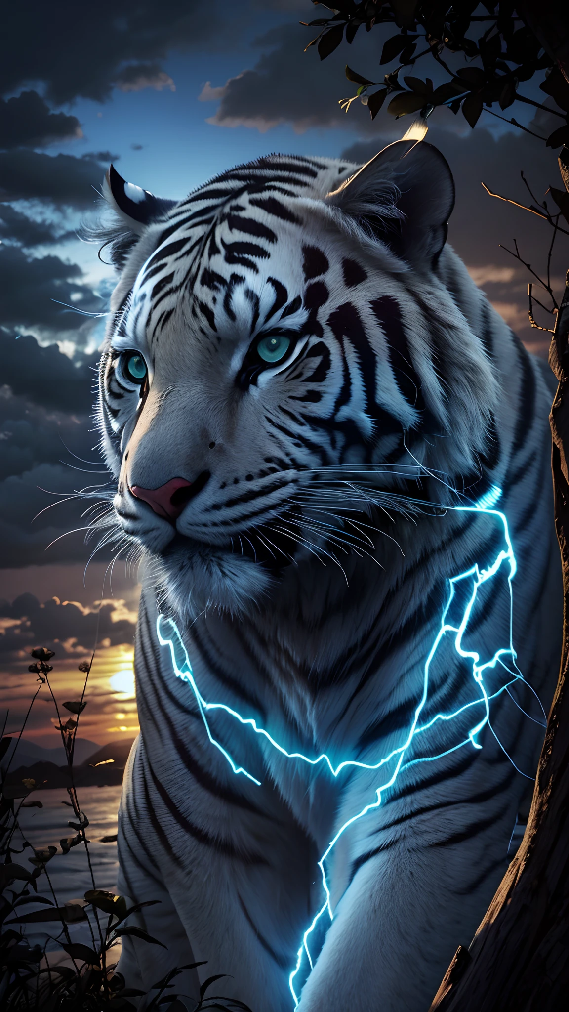 White tiger, naturais, Natureza, Natureza, Linda, renderizado, fotorrealista, UltraHD, 4k, texturasdetalhadas, thunders, sombras detalhadas, cores detalhadas, por do sol, sol se pondo, Sunset, Natureza Linda, fundo preto, por do sol, contraste detalhado, contraste realista, alta resolução, cores detalhadas, fogo, eletricidade, divina criatura, 8k,