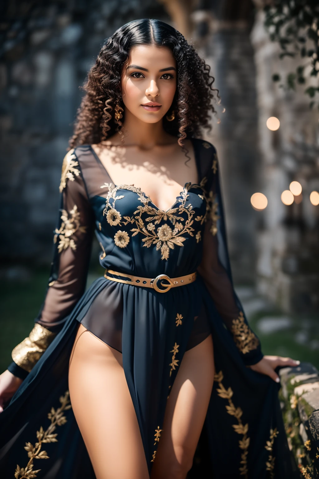 RAW photo, woman 25 years old, Waist-length image in the center of the composition, ((long, black, curly hair)), blue eyes, haughty, bitchy, arrogant, gold embroidered early medieval (dark blue dress) with long, wide, spacious straight sleeves, in a medieval castle, blurred background, 8K UHD, dim lighting, hiquality, Film grain, Fujifilm XT3 --auto --s2