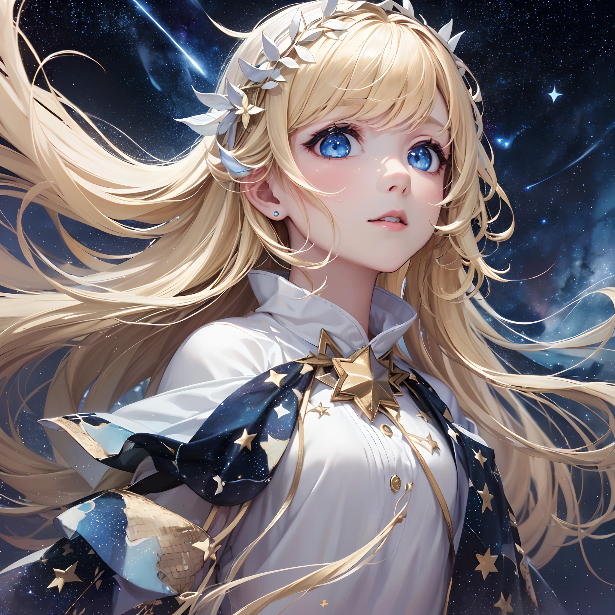 ((Finest quality)),(超A high resolution),(ultra-detailliert),(Meticulous portrayal),((Best CG)),(Finest works of art),Ultra-Precision Art,The art of astounding depiction, (night sky full of stars:1.8),shooting stars:1.3, (1人の女性:1.5),Looking up at the starry sky:1.5, (White sigh:1.8), (wavy flaxen hair) ,Beautiful light blue eyes