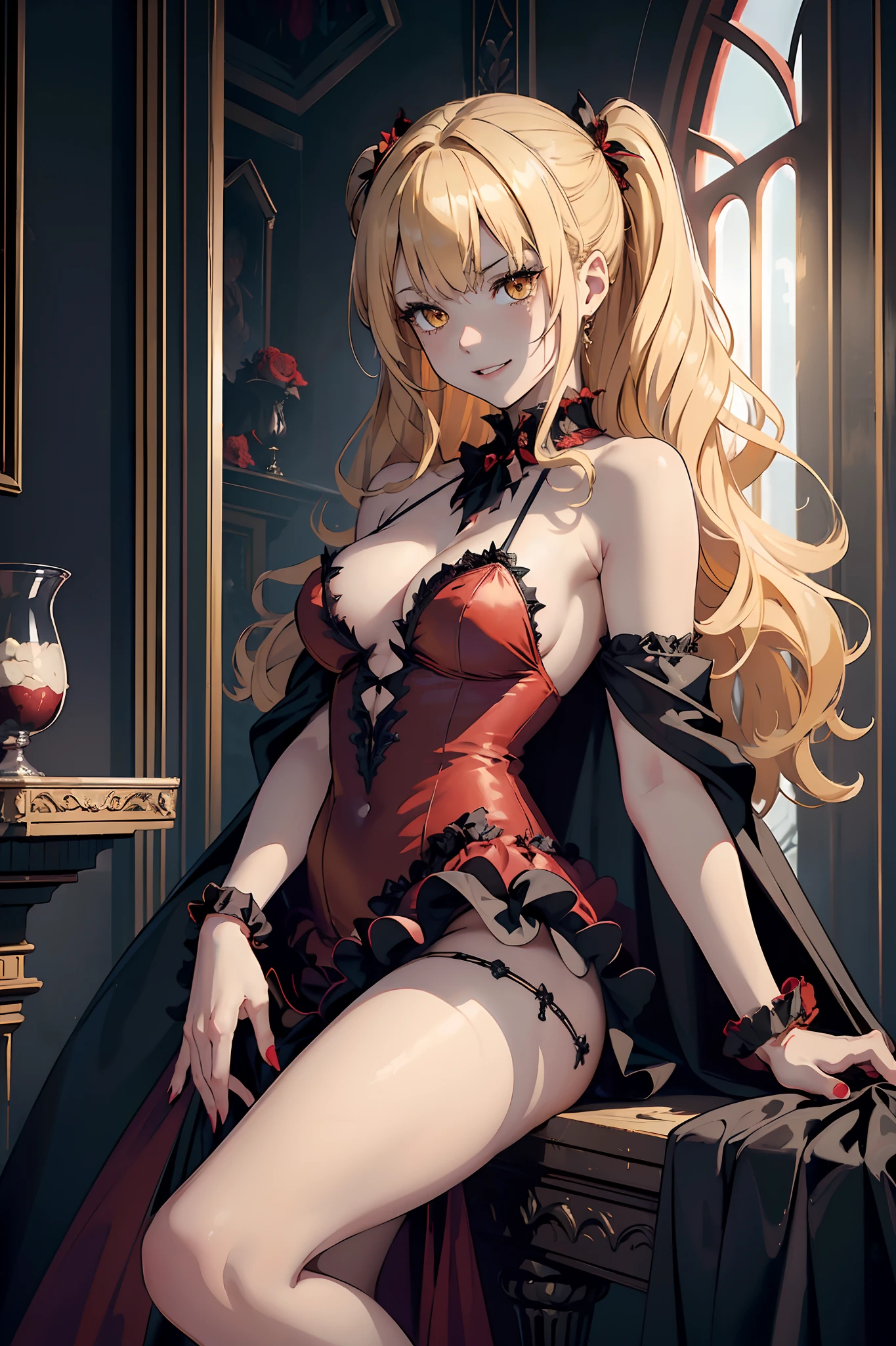 (masterpiece, high quality, detailed), 1girl, vampire girl, big poofy sandy-blonde hair, bright yellow eyes, hair drills, smug grin, (wearing slutty red dress), (plunging neckline), black fur trim, small beasts, petite, provocative, flowing cape, haunted castle interior, scattered rose petals, spooky, horror, portrait
