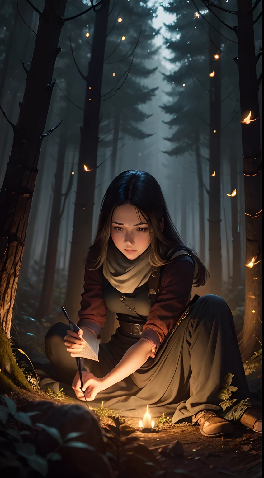 Woman holding a dusty diary fighting a guardian shadow in a forest at night full of fireflies around her