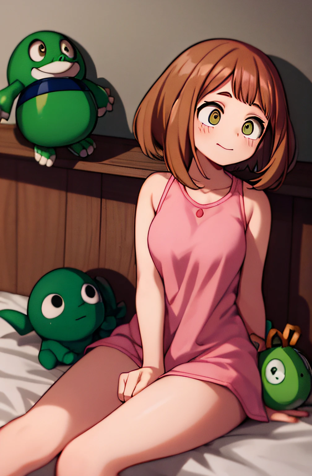 horikoshi kouhei, 1girl, Ochako Uraraka e Tsuyu Asui, pijama fofo, Hand back, boku no hero academia, alta qualidade, olhando para longe, foco feminino, em cima da cama