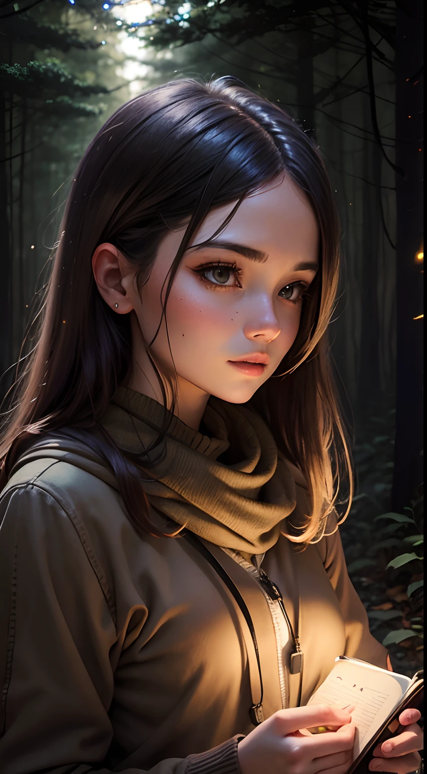 Woman holding a dusty diary in a forest at night full of fireflies around her