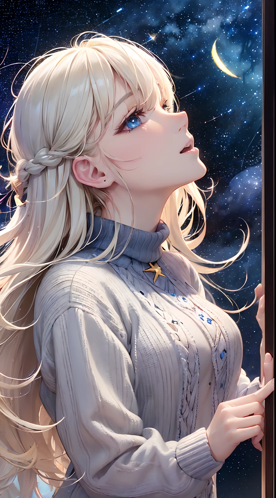 ((Finest quality)),(超A high resolution),(ultra-detailliert),(Meticulous portrayal),((Best CG)),(Finest works of art),Ultra-Precision Art,The art of astounding depiction, (night sky full of stars:1.8),shooting stars:1.3, (1人の女性:1.5),Looking up at the starry sky:1.5,knitted sweater, (White sigh:1.8), (wavy flaxen hair) ,Beautiful light blue eyes