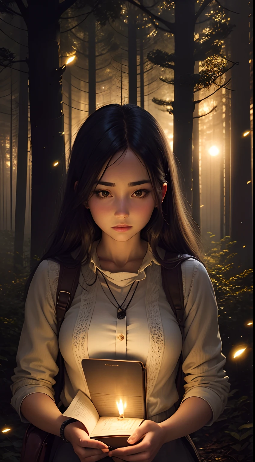 Woman holding a dusty diary in a forest at night full of fireflies around her