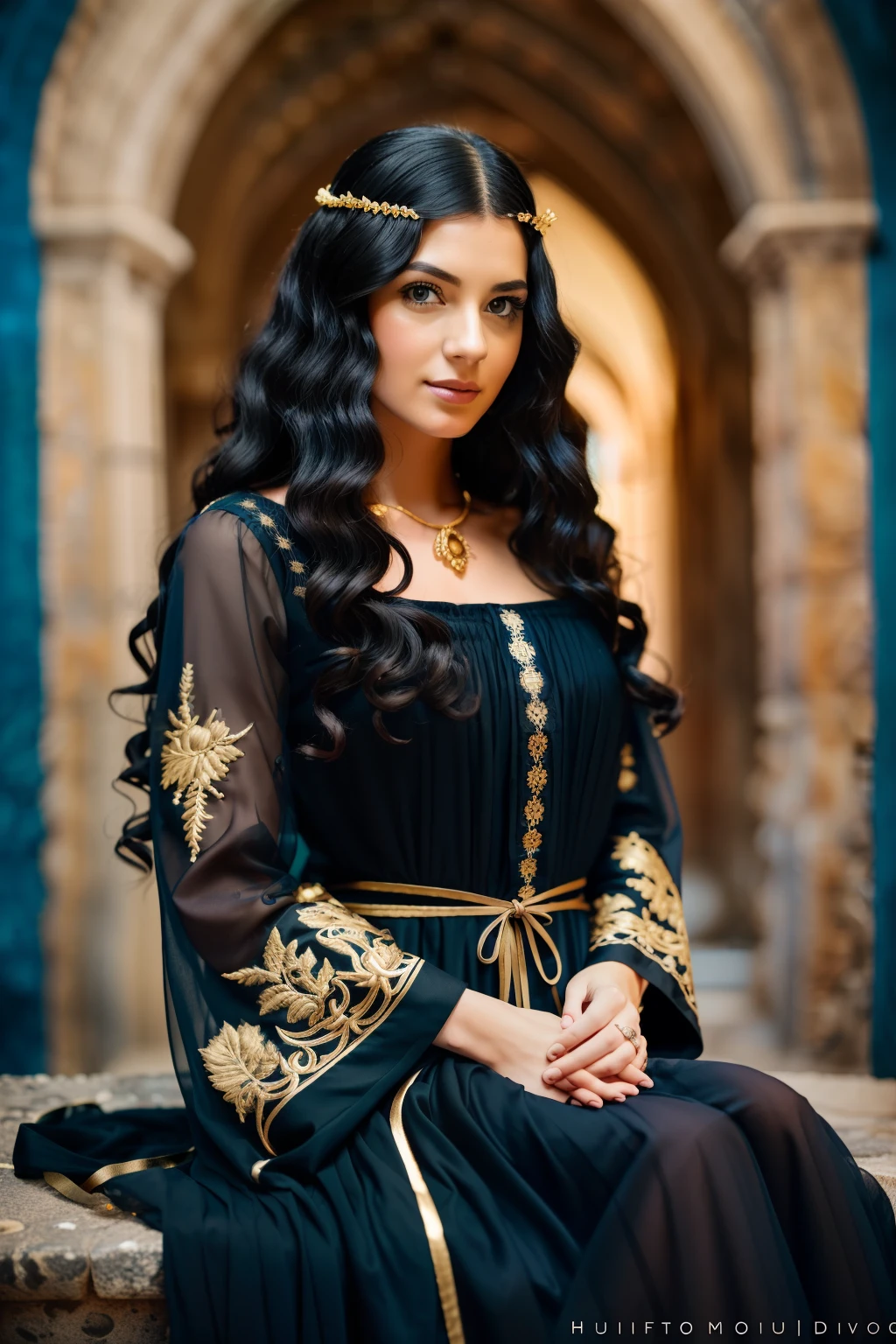 RAW photo, woman 25 years old, Waist-length image in the center of the composition, ((long, black, curly hair)), blue eyes, haughty, bitchy, arrogant, gold embroidered early medieval (dark blue dress) with long, wide, spacious straight sleeves, in a medieval castle, blurred background, 8K UHD, dim lighting, hiquality, Film grain, Fujifilm XT3 --auto --s2