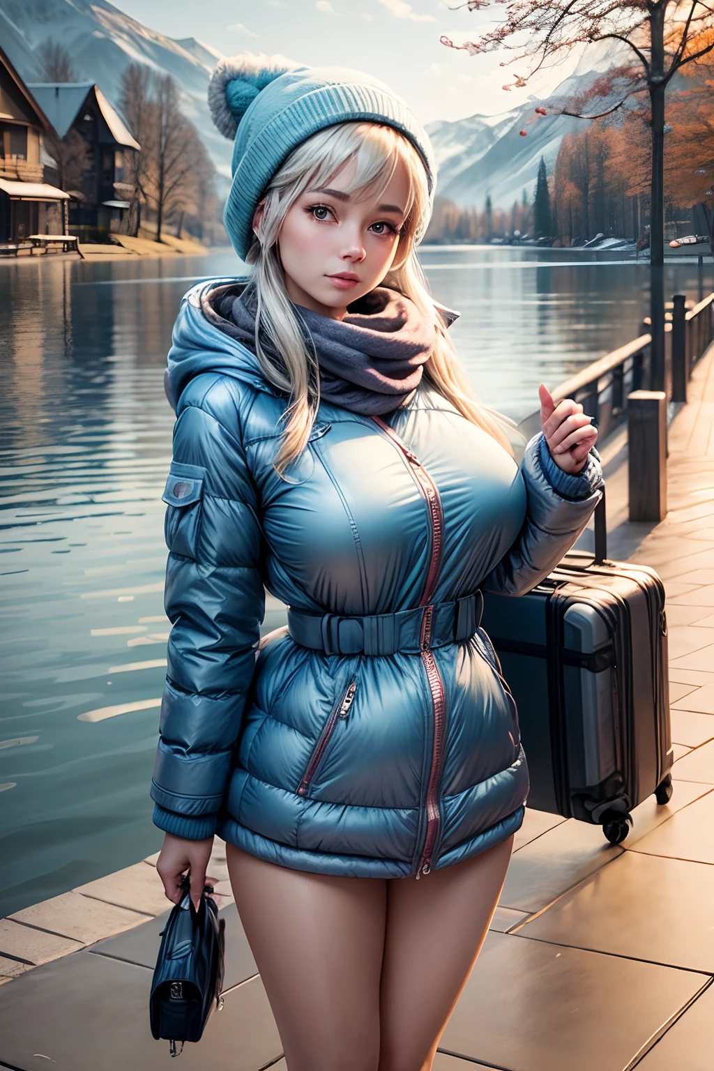 Make a woman with big breast, light blue long winterjacket , with open zipper, with face, body, Lakeside house, travel bag, dog Nude