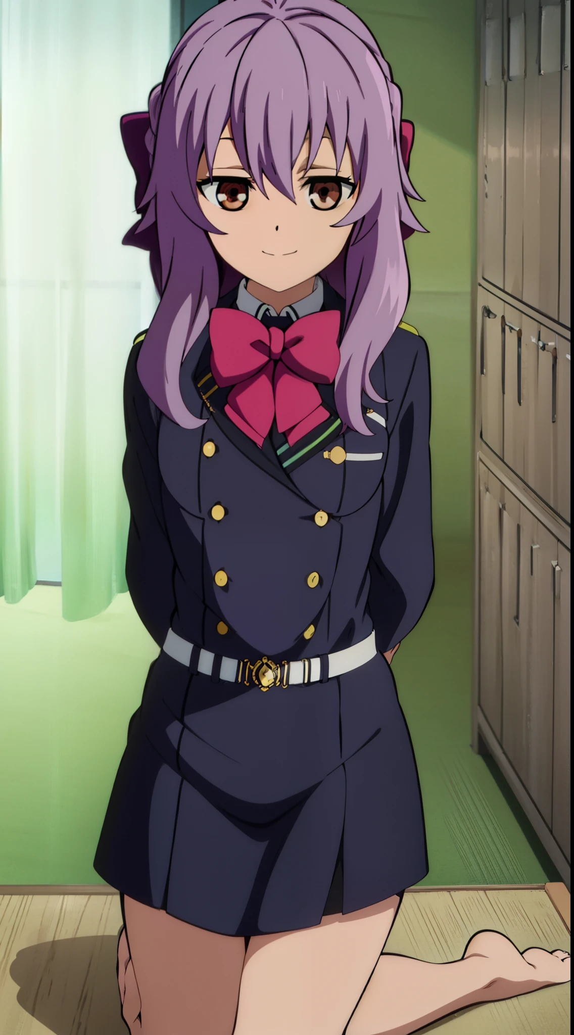 2D, HD, Detailed details, top-quality, ultra-detailed, Highly detailed, masterpiece, best quality, high res, solo, 1girl, Shinoa,1girl, solo, purple_hair, hair_between_eyes, bow, sidelocks, shirt, white shirt, dress shirt, bare legs, bare arms, wariza, expressionless, looking_at_viewer, smile, mini breasts, anime-styled, hands behind back, stand