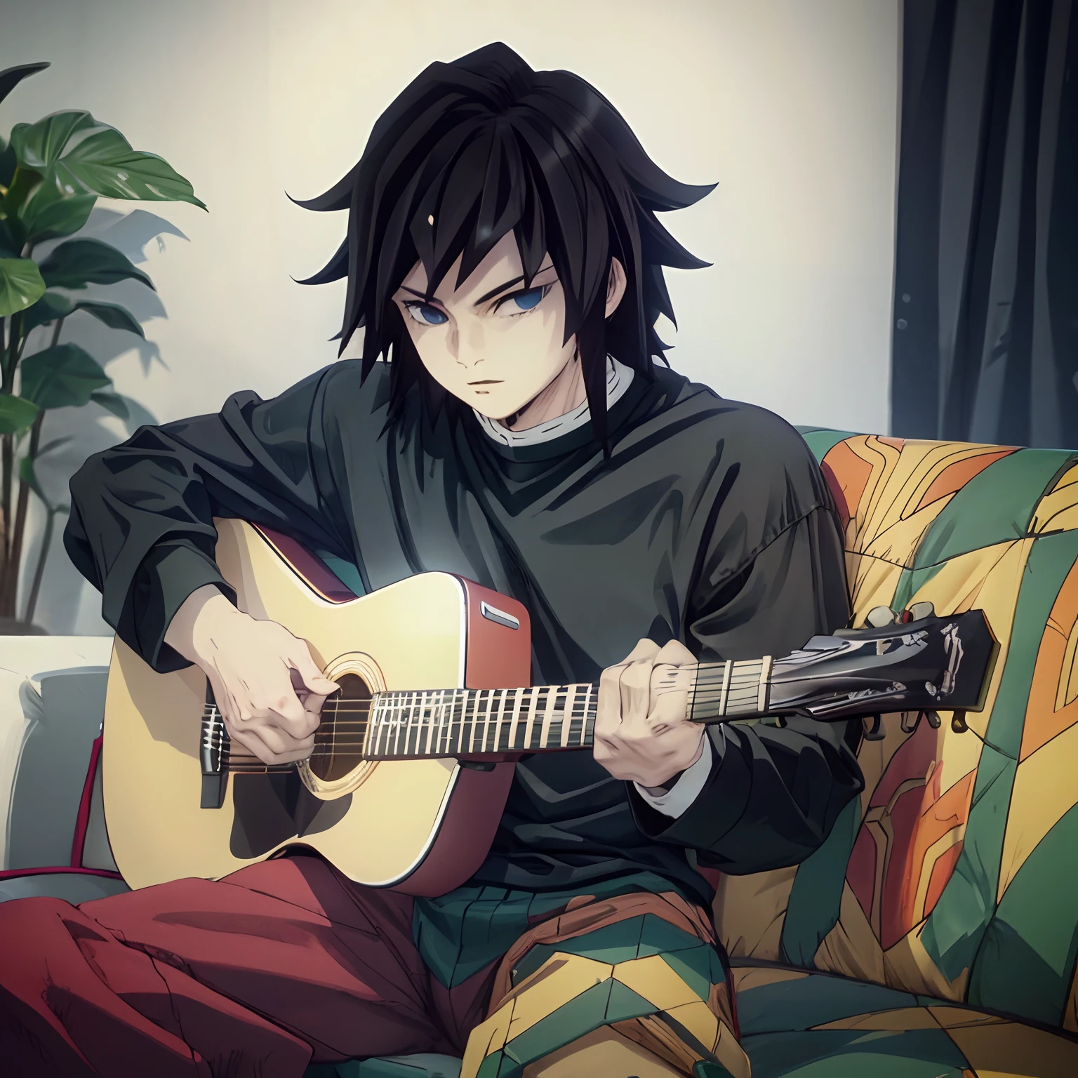 Man1, Plays the guitar, front view, Straight angle width, T-shirt with long sleeves, pants, sitting on a sofa, At home, looking at the viewer., detailed face, detailled eyes, High definition,realistic