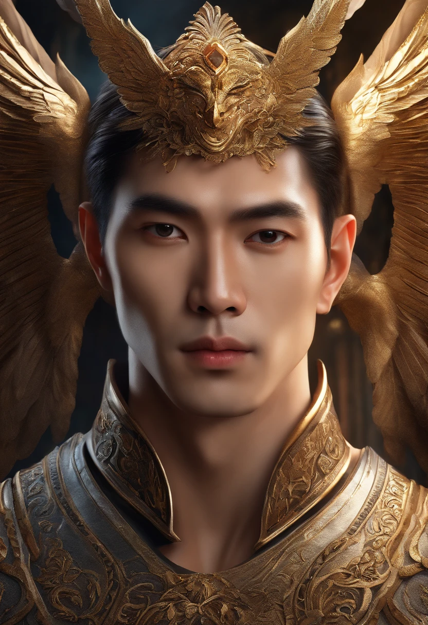Close-up portrait of asian male angel, large eyes, strong jaw, fantasy, Intricate, elegant, Highly detailed, Digital painting, Sharp focus, illustration,