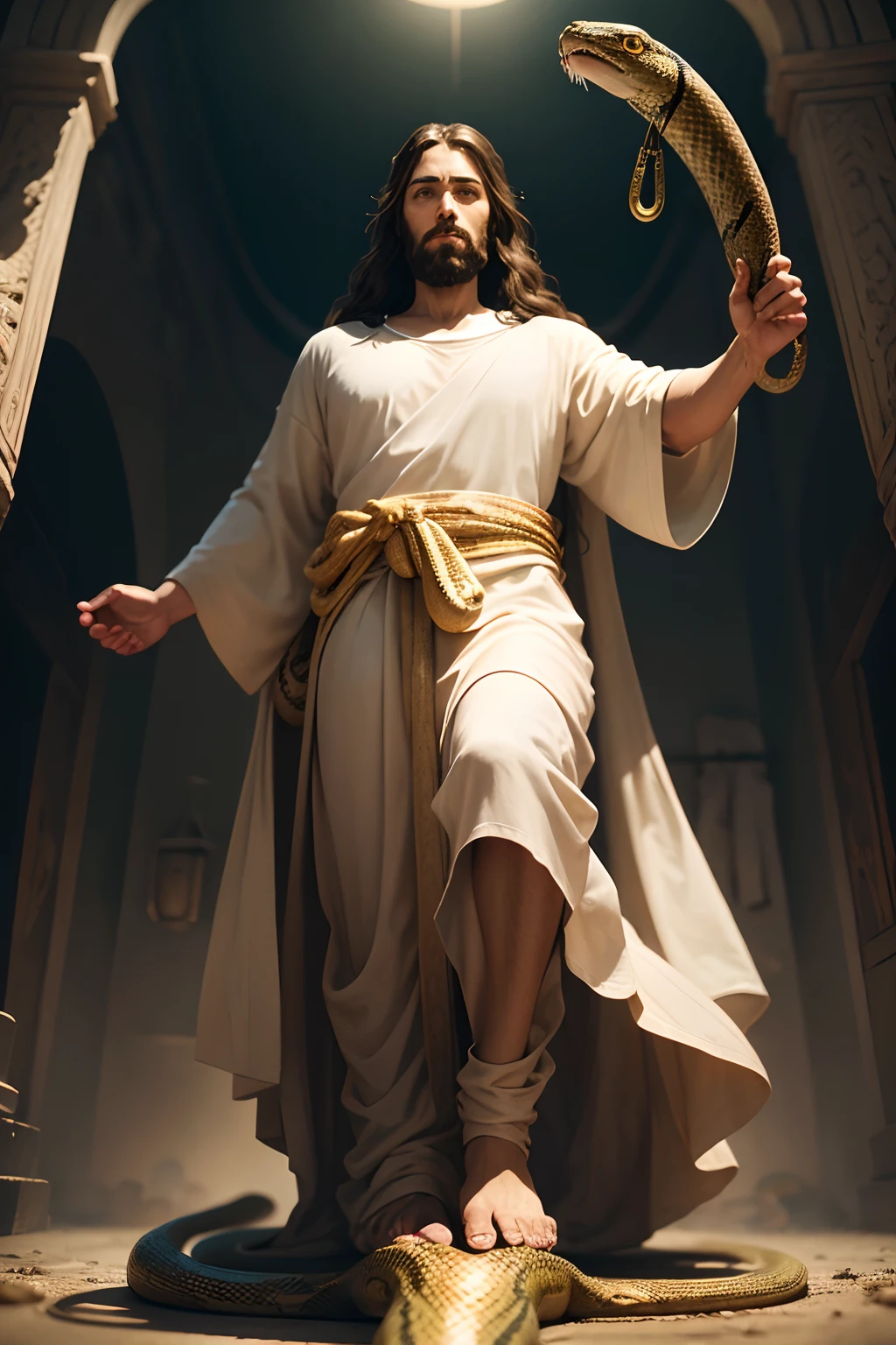 image of Jesus Christ's foot hovering above of a snake's head ready to step down