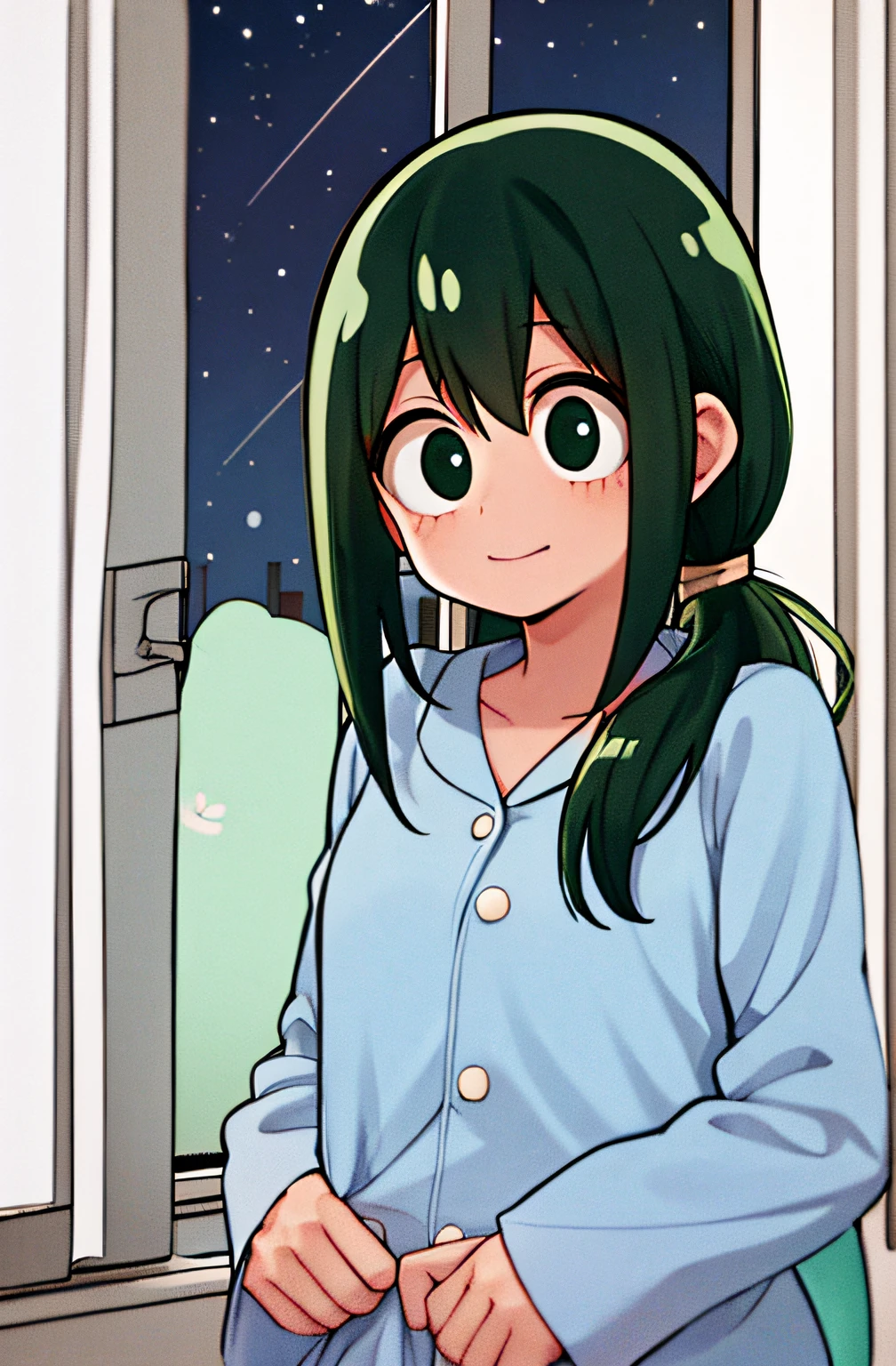 horikoshi kouhei, 1girl, Tsuyu Asui, pijama fofo, boku no hero academia, alta qualidade, Looking at camera, foco feminino, em cima da cama, Window with night sky