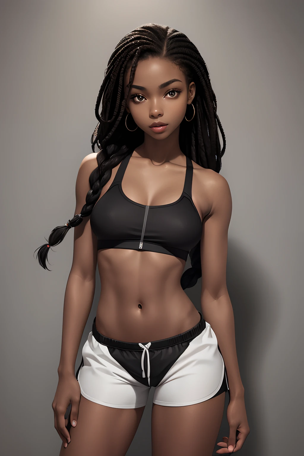 (masterpiece, best quality), deep ebony 1girl, beautiful face, freely hanging braids, sport bra, ((sport shorts)), African