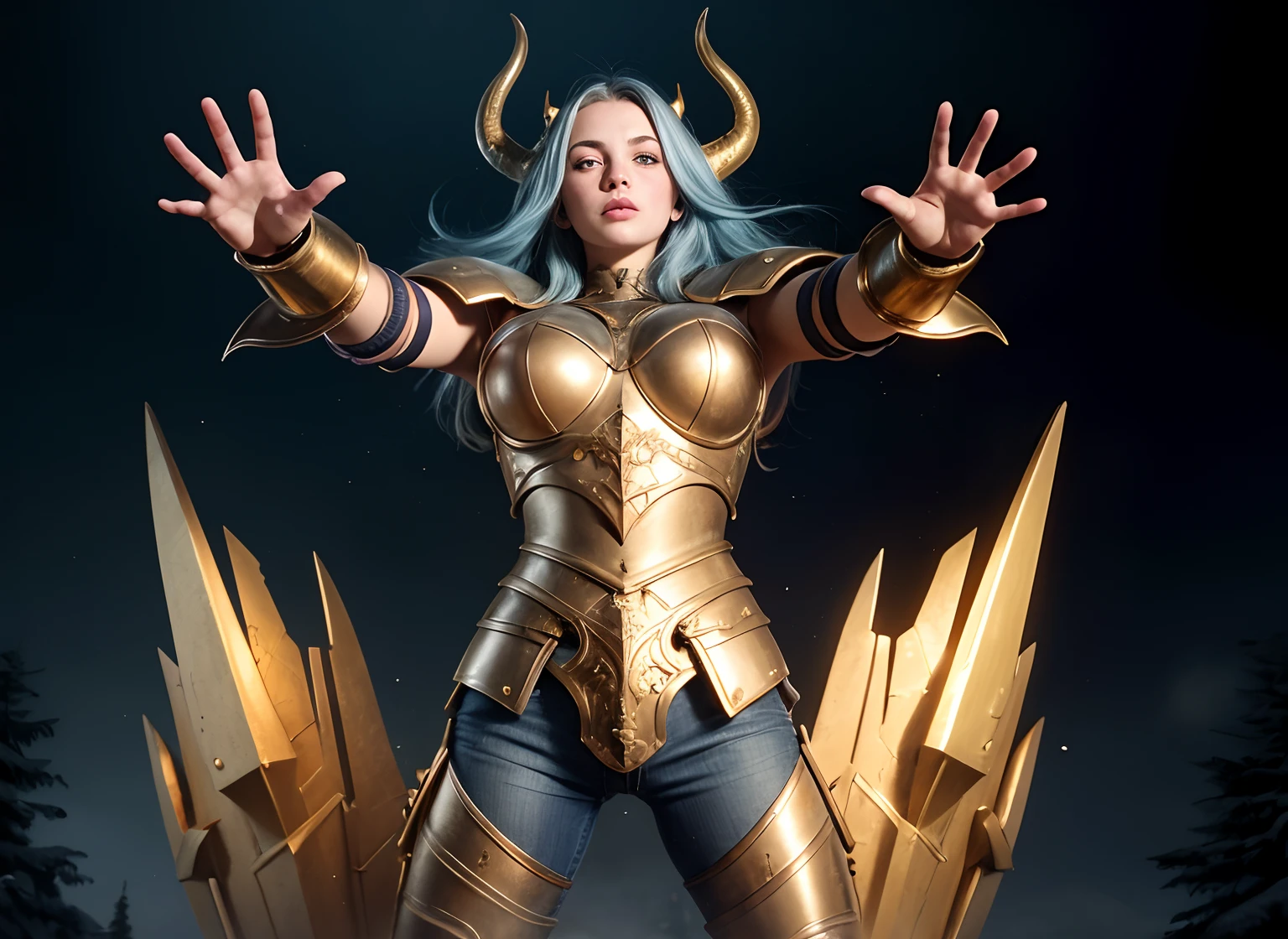 realistic), (cinematic shot), slightly low view. upper body of an beautiful young girl knight, 1girl, woman, in medieval armor, (detailed face), with long hair, crossed arms, (light blue hair), (long hair), (messy hair), (bands), blowing hair, (big breasts), near a snow castle at winter, golden armor, golden horns on helmet, (full body armor), ((metal reflections)), (detailed armor, high quality), (ornate armor), (hdr), (noble), inspiring, film, cinematic lighting. ((Light purple pants)). ((delicate face)).