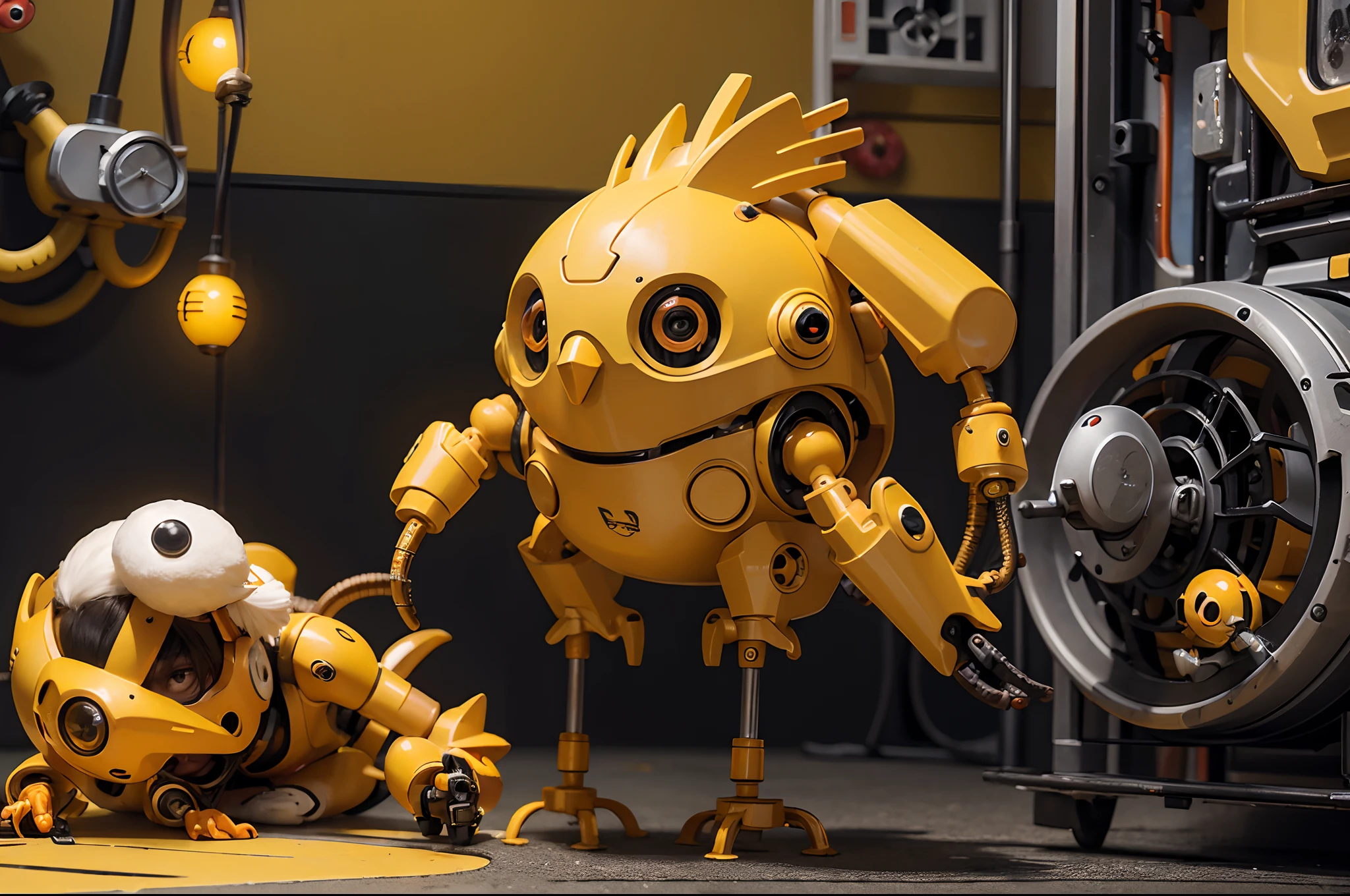 Cute chibi mechanical chicken, mechanical parts in yellow with touches of orange, red eyes, two limbs. Children playroom as background. Highly detailed.